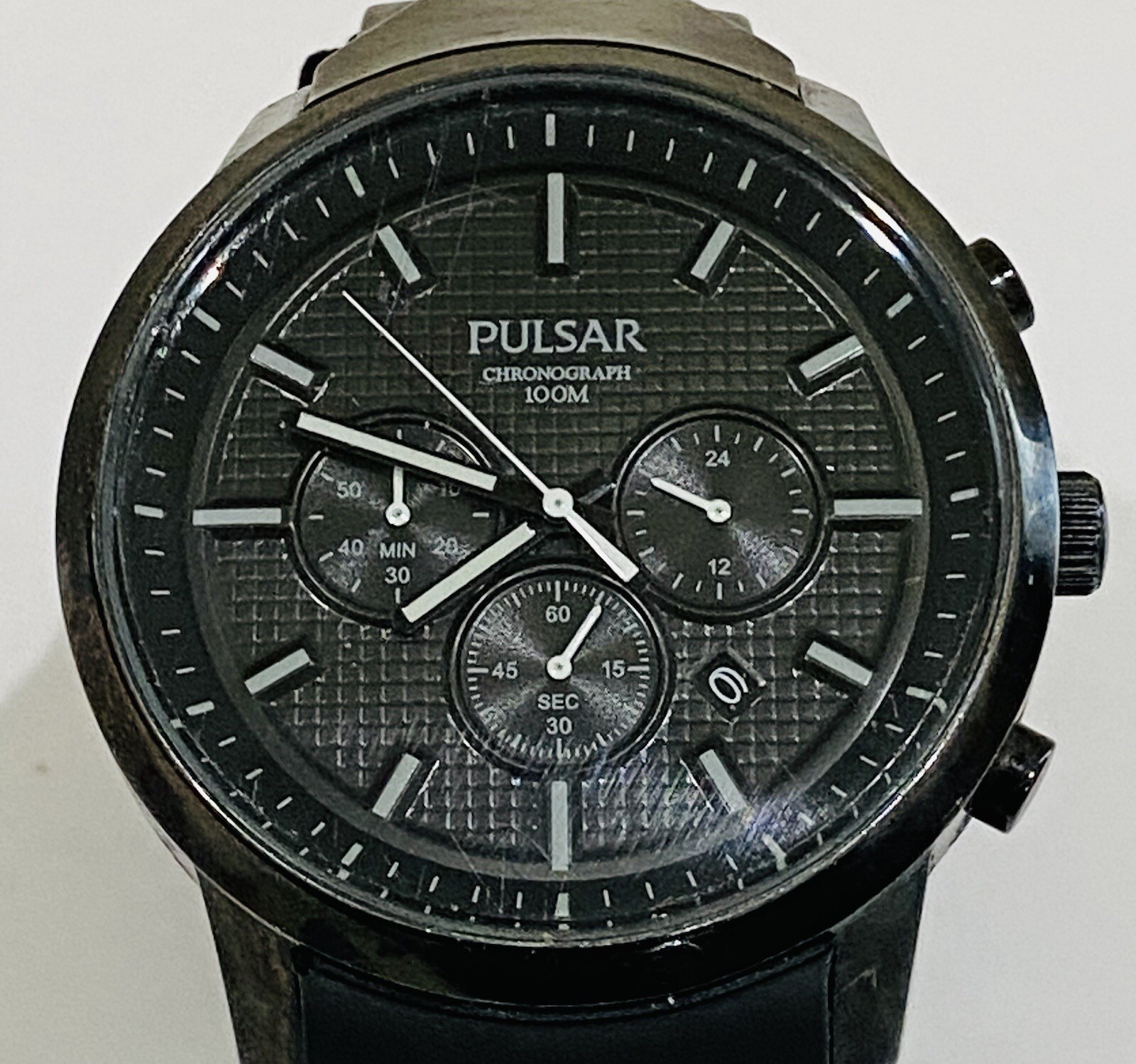 Pulsar Chronograph Watch Men 100m Black Dial Black Tone Date Round