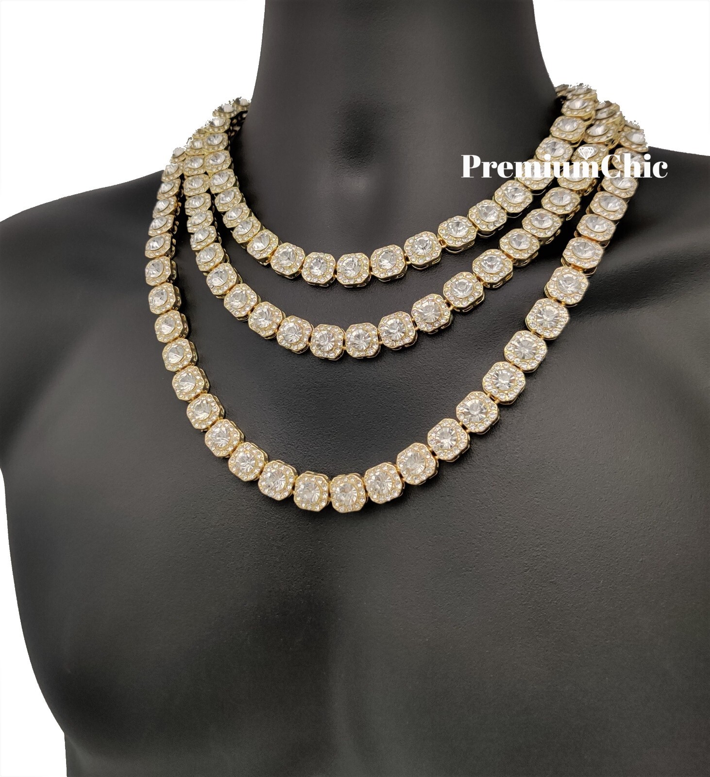 Iced Baguette Cluster Tennis Chain Necklace Plated CZ Men HipHop Fashion Jewelry