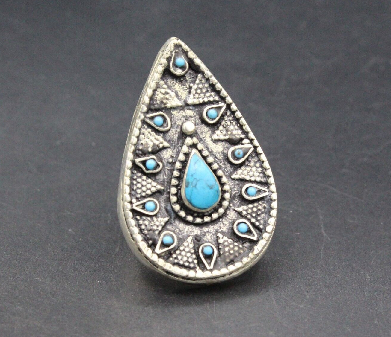 Kazakh Traditional Alpaka Ring, Turquoise Stone Ring, Oval Hand Crafted Ring 9US