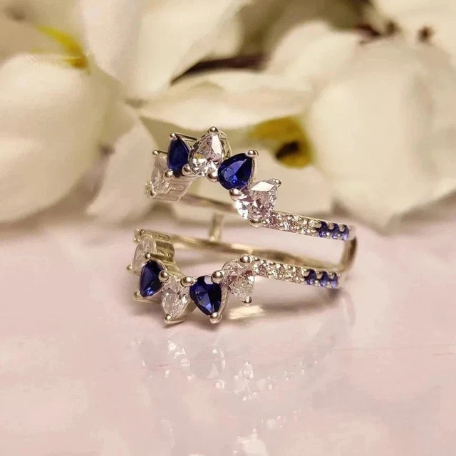 Pear Cut Lab Created Blue Sapphire Wrap Guard Band Ring 14k White Gold Plated