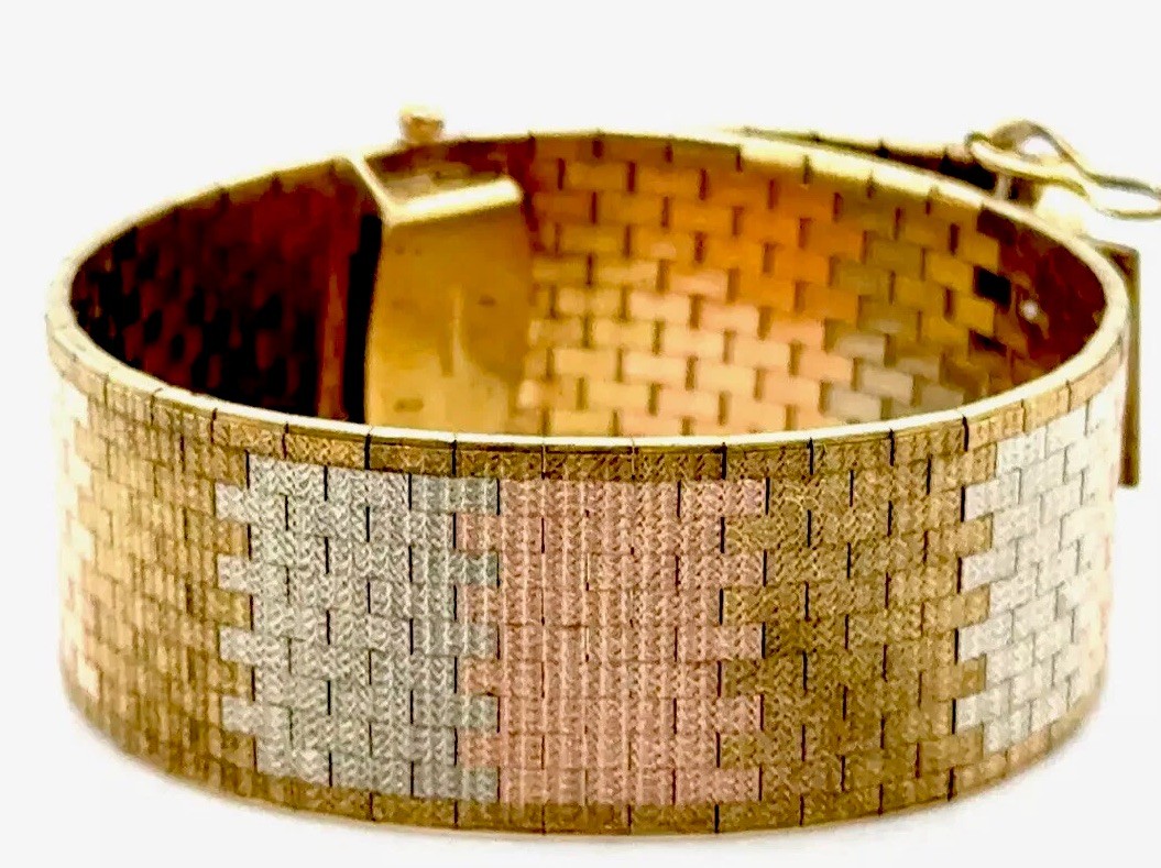 Italian Vintage Basket Weave Mesh Multi Color Bracelet 43.3 G Solid Gold 14k