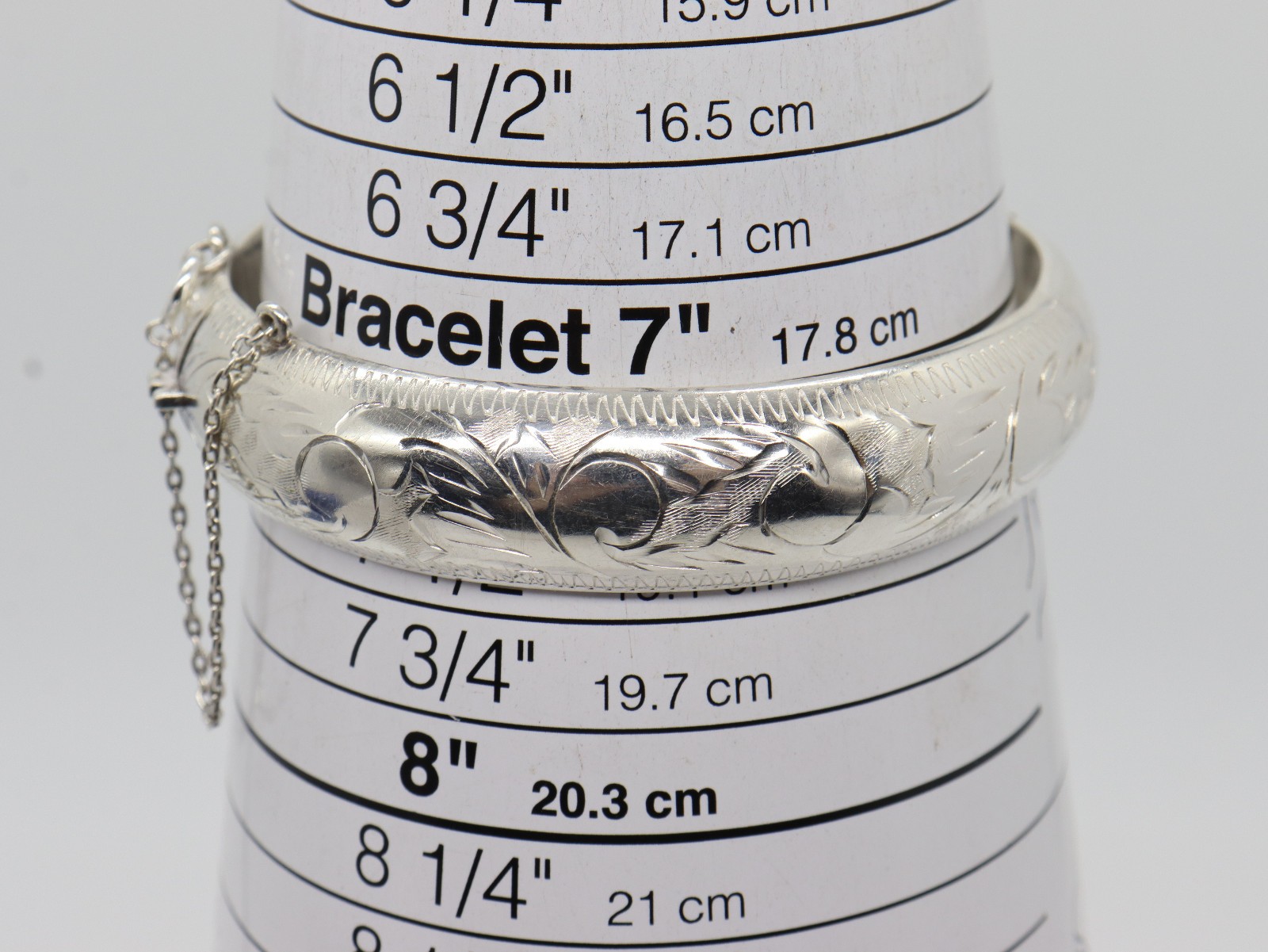 Sterling Silver 14mm Engraved Bangle Bracelet Safety Chain 26.92 grams lite ding