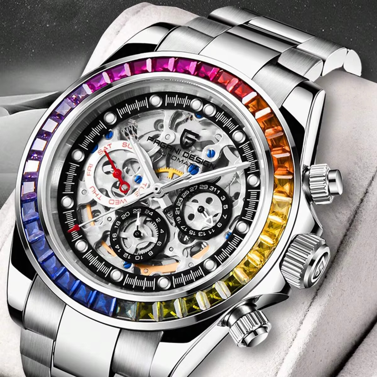 🔥USA🔥PAGANI DESIGN PD-1653 Automatic Watch, Rainbow Circle, Skeleton Oyster