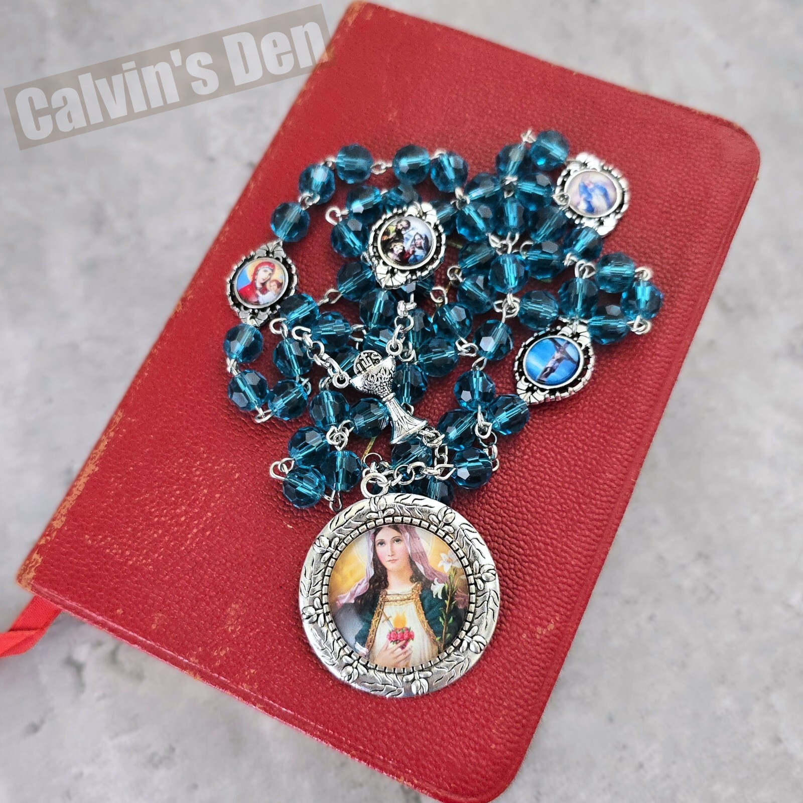 First Communion Blue Bead Rosary Necklace Chalice Immaculate Heart of Mary Gift