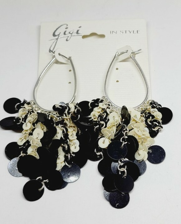 Gigi In Style Black & White sequin Design OVAL Hoop Dangle Earrings 3.75 in Drop