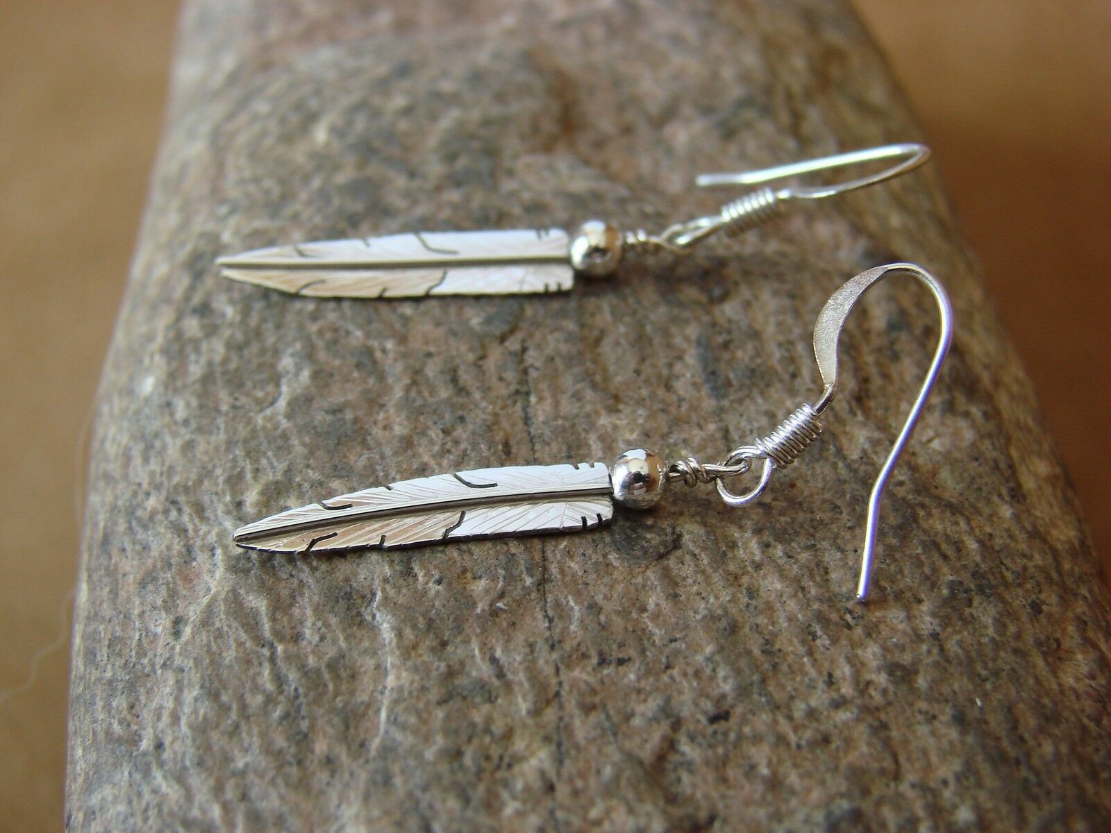Navajo Indian Hand Stamped Sterling Silver Feather Earrings by Marvin Arviso