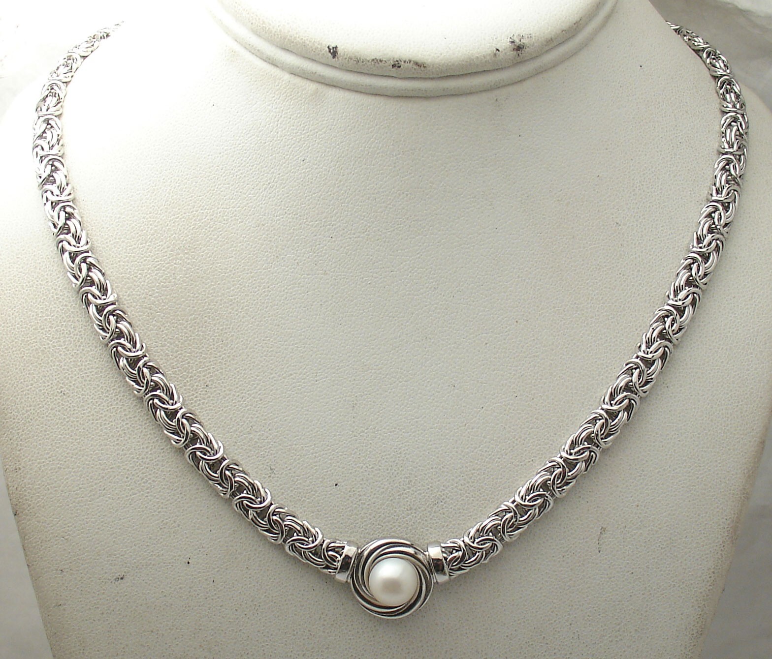 Technibond Pearl Center Byzantine Necklace Chain Anti-Tarnish Real 925 Silver