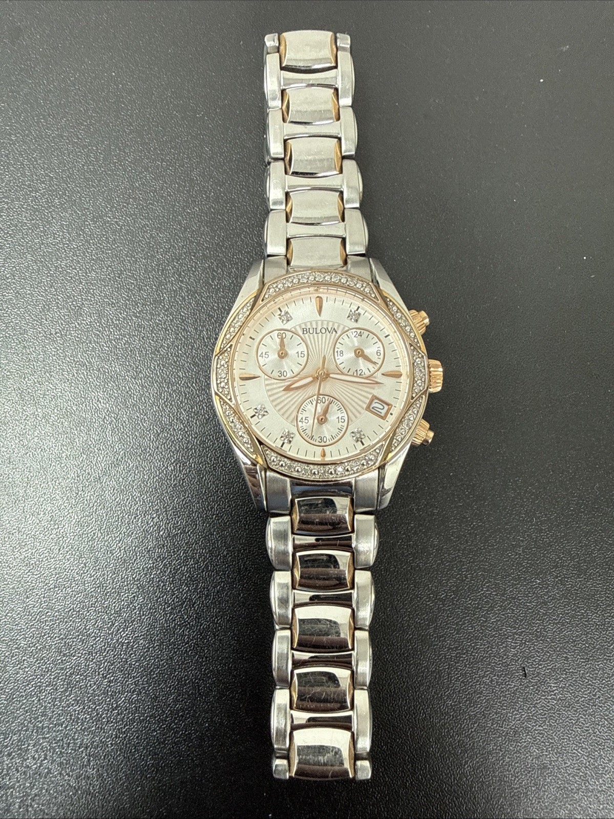 Bulova Diamond Chronograph Silver/Gold Tone Stainless Steel 98R149 NEEDS BATTERY