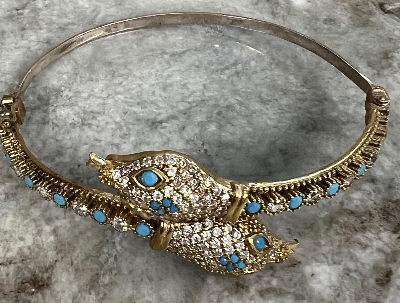 Snake Bracelet REAL Blue Turquoise 14K Gold on SOLID 925 Etruscan Victorian Rev.