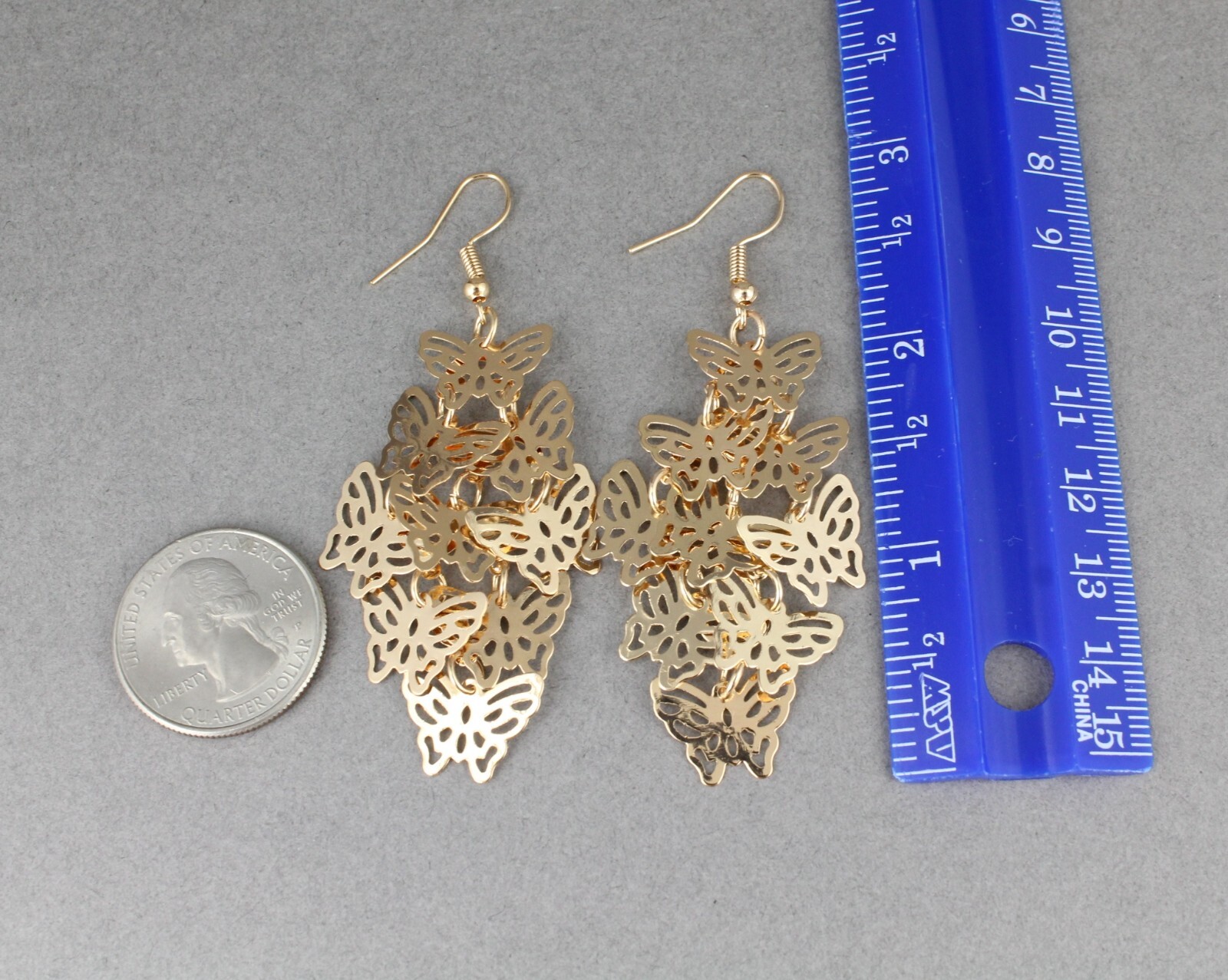 Gold chandelier earrings filigree butterfly dangle pendant wiggly 3″ long