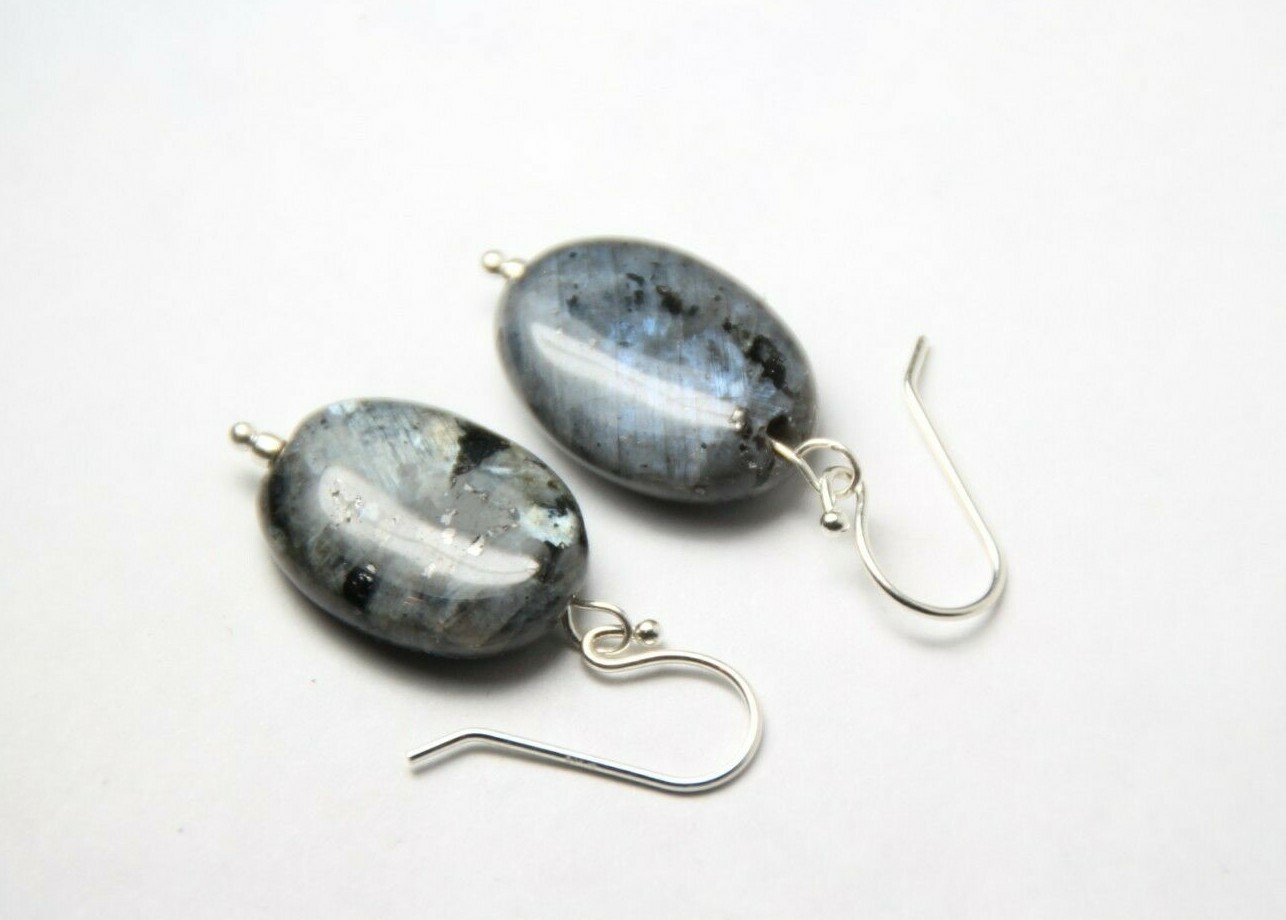 Larvikite Black Labradorite 13x 18mm Oval Gemstone .925 Sterling Silver Earrings