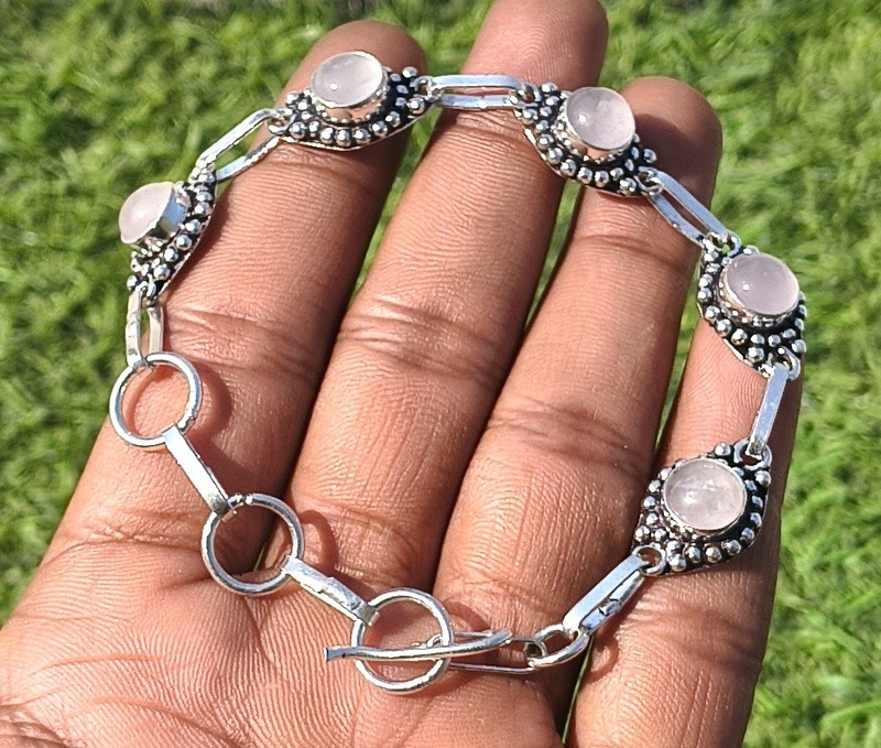 Christmas Sale Rose Quartz Gemstone 1PCS Chain Bracelet Silver Plated Jewellery
