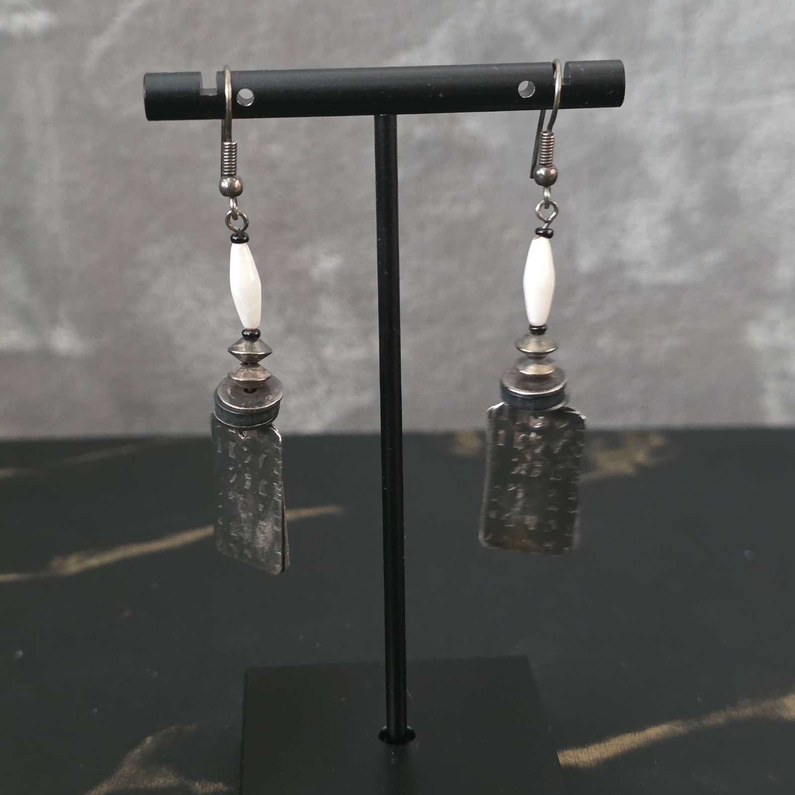 Artisan Mixed Media Drop Earrings Silver Tone Stamped Metal White Bead Dangle