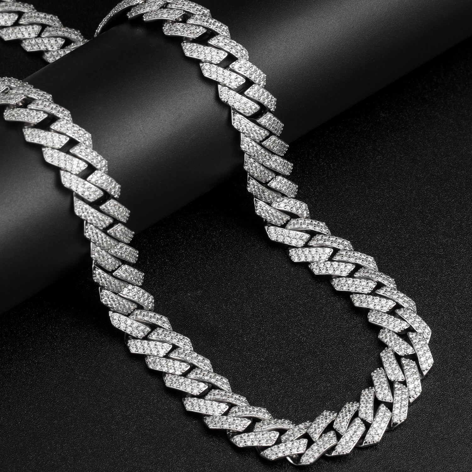 White Gold Plated Full Iced CZ Out Stainless Steel Mens Cuban Link Chain 15MM