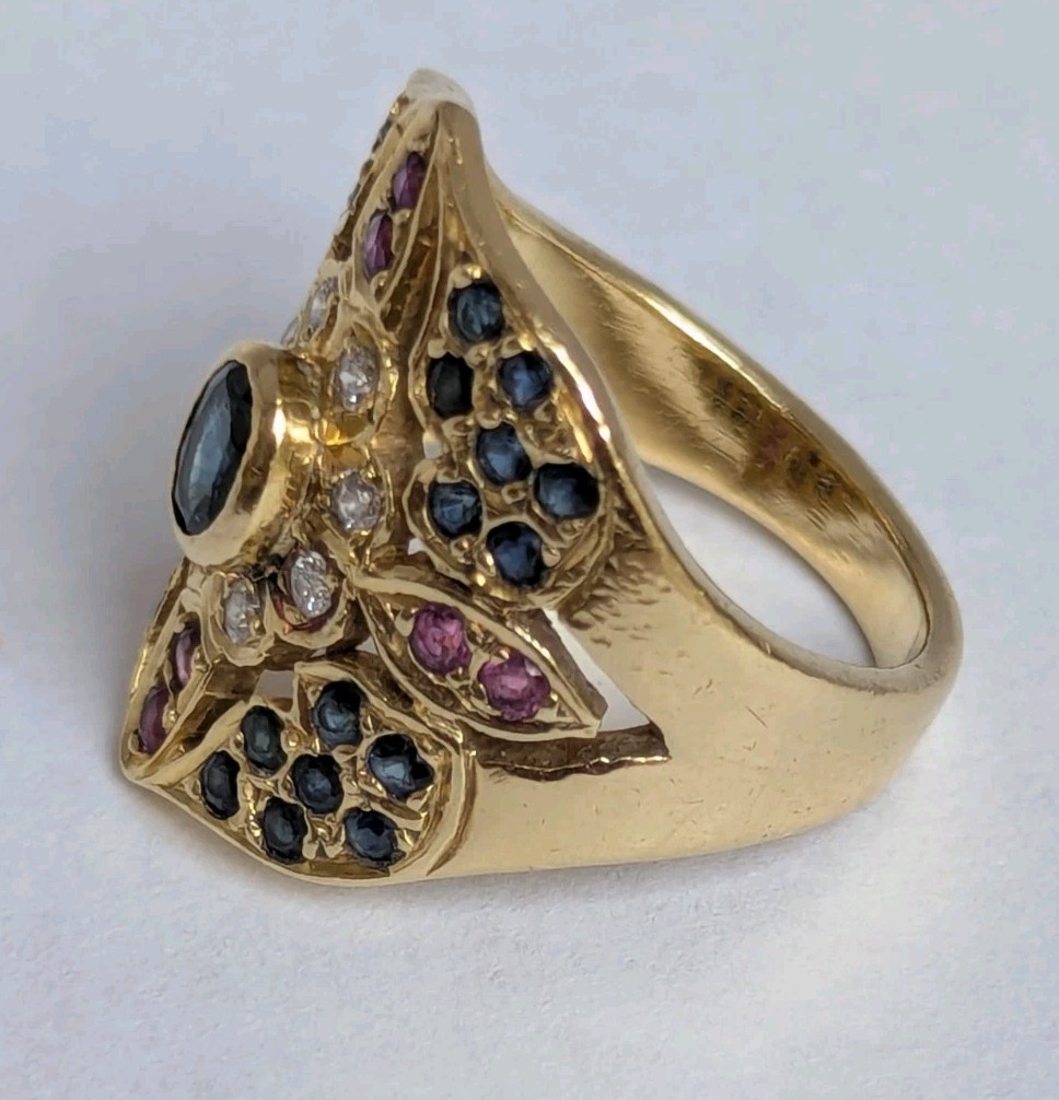 Vintage 18K Yellow Gold Multi-Gemstone Byzantine Etruscan Shield Ring 10.8g