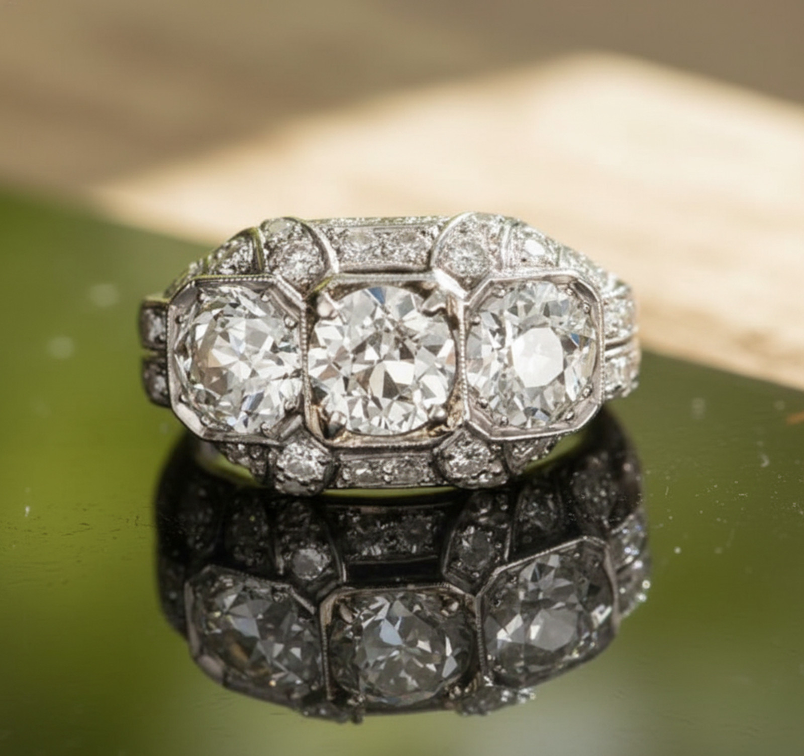 Round Cut Simulated Diamond 14K Gold Vintage Style Trilogy Milgrain Ring For Her