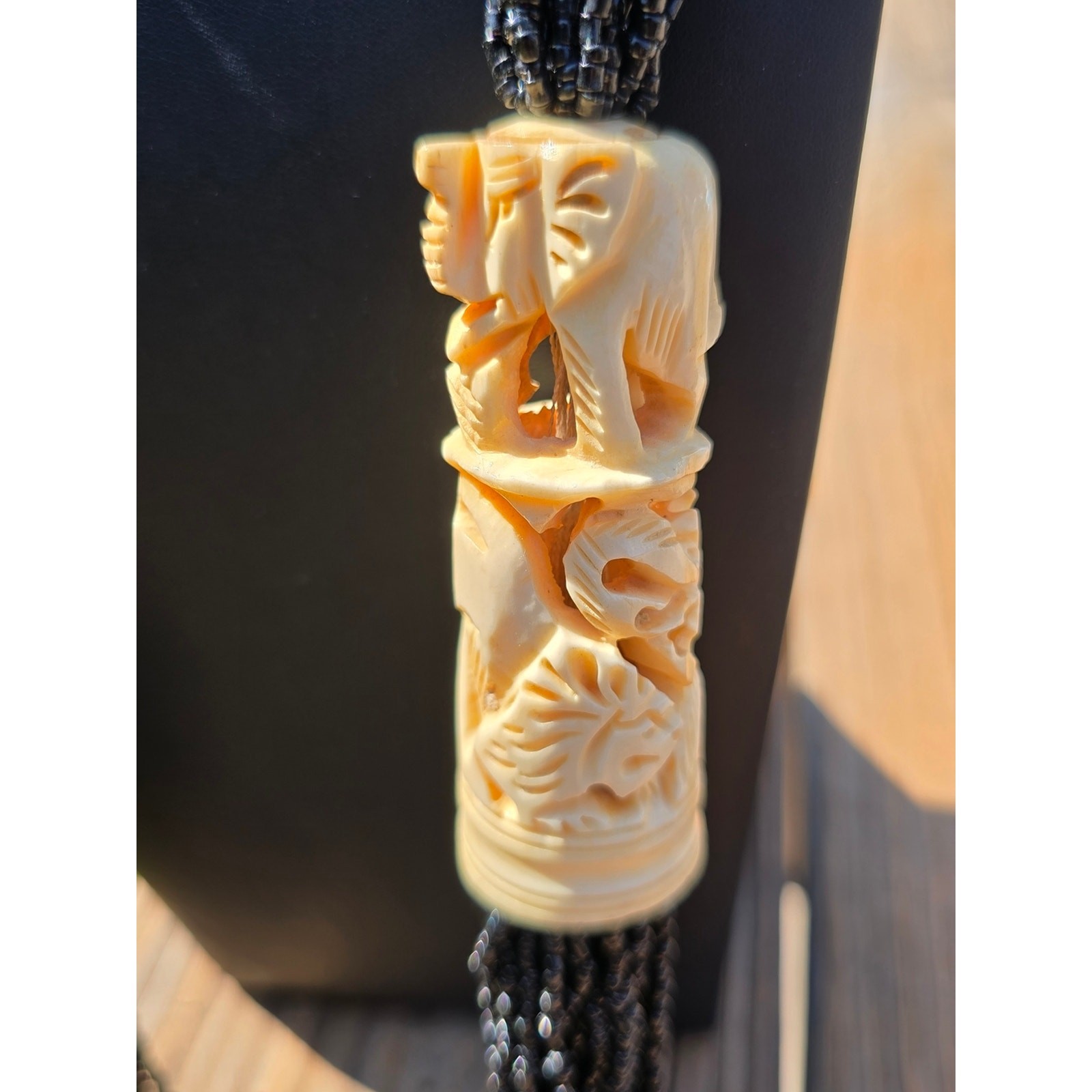 Tribal Black Multi-Strand Seed Bead Necklace with Carved Ivory Accents