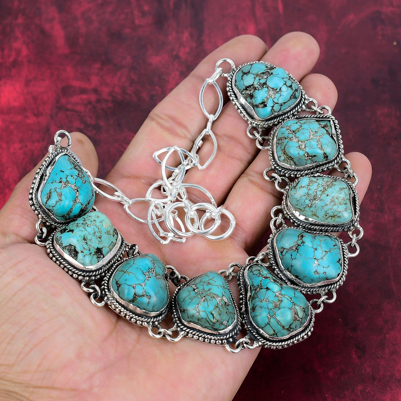 Natural Turquoise Tumble Gemstone 925 Sterling Silver Necklace Jewelry Love Gift