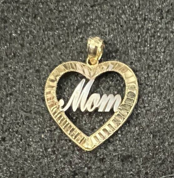 *Elegant ZRW 10k Yellow White 2 Tone Gold Open Heart “MOM” Scroll Pendant*