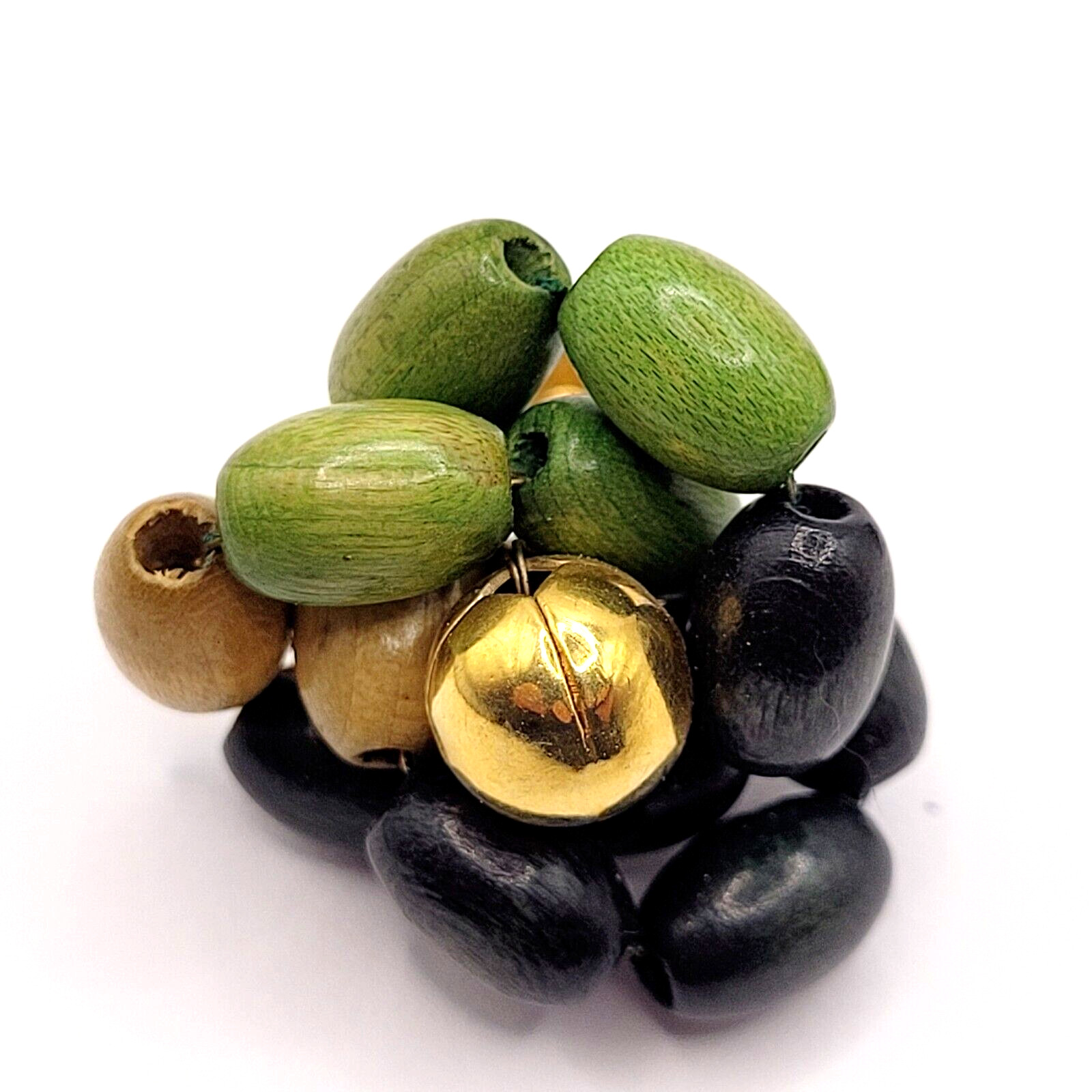 Hand Beaded Wood Bead Olive Black Tan Oval Cluster MCM 1950s Screw Back Earrings