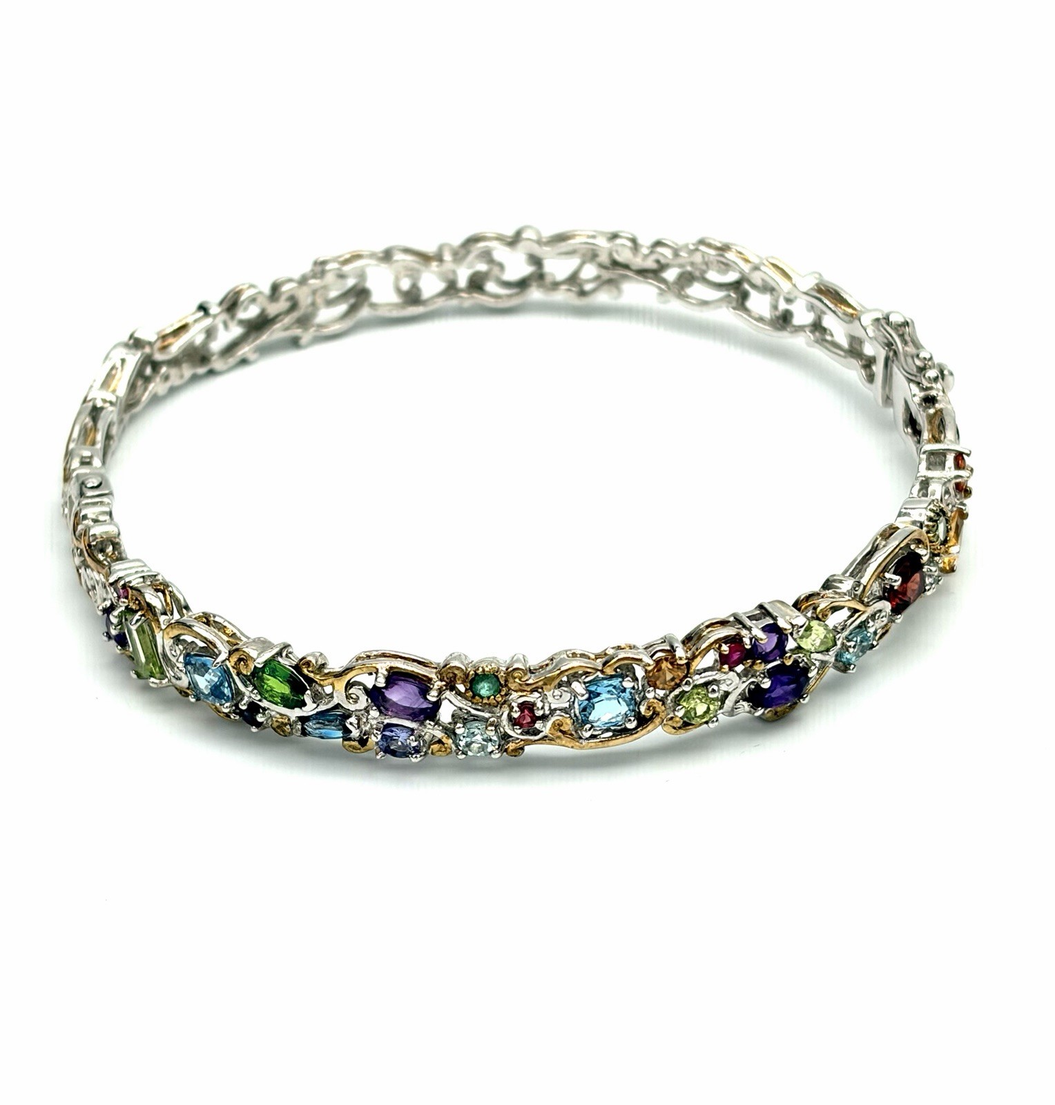 Carnival Multistone Gemstone 18k Gold Accented Sterling Silver Filigree Bracelet