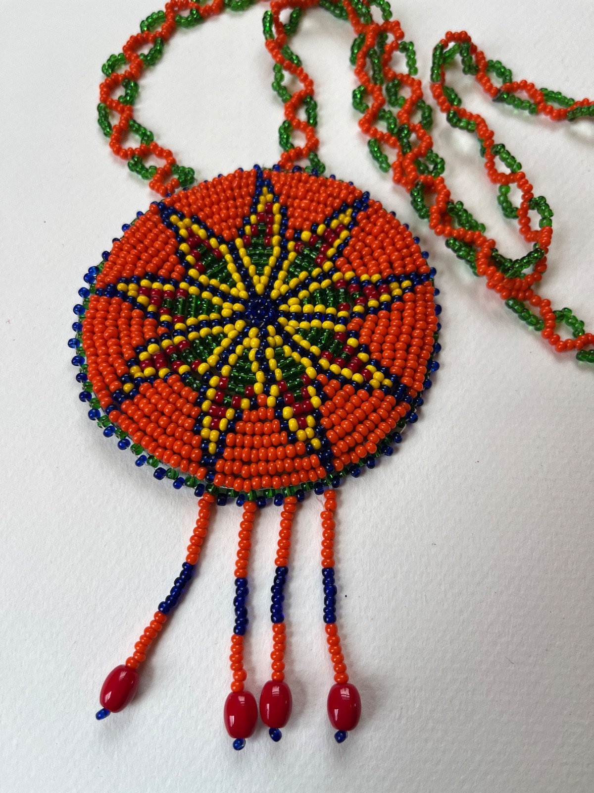 Orange & Green Beaded Chain w Large Blue Yellow Orange Bead Southwest Medallion
