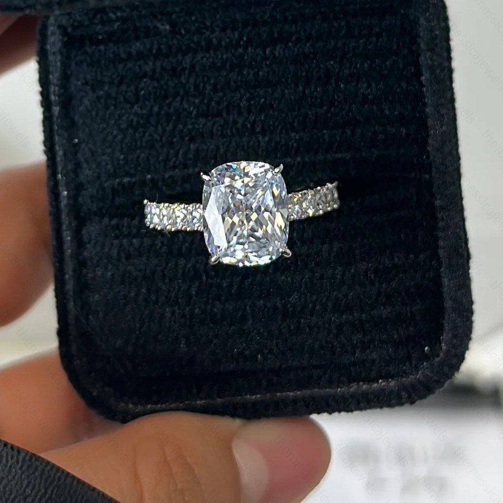4.38 TCW Elongated Cushion Moissanite Engagement Ring In 14K White Gold Plated