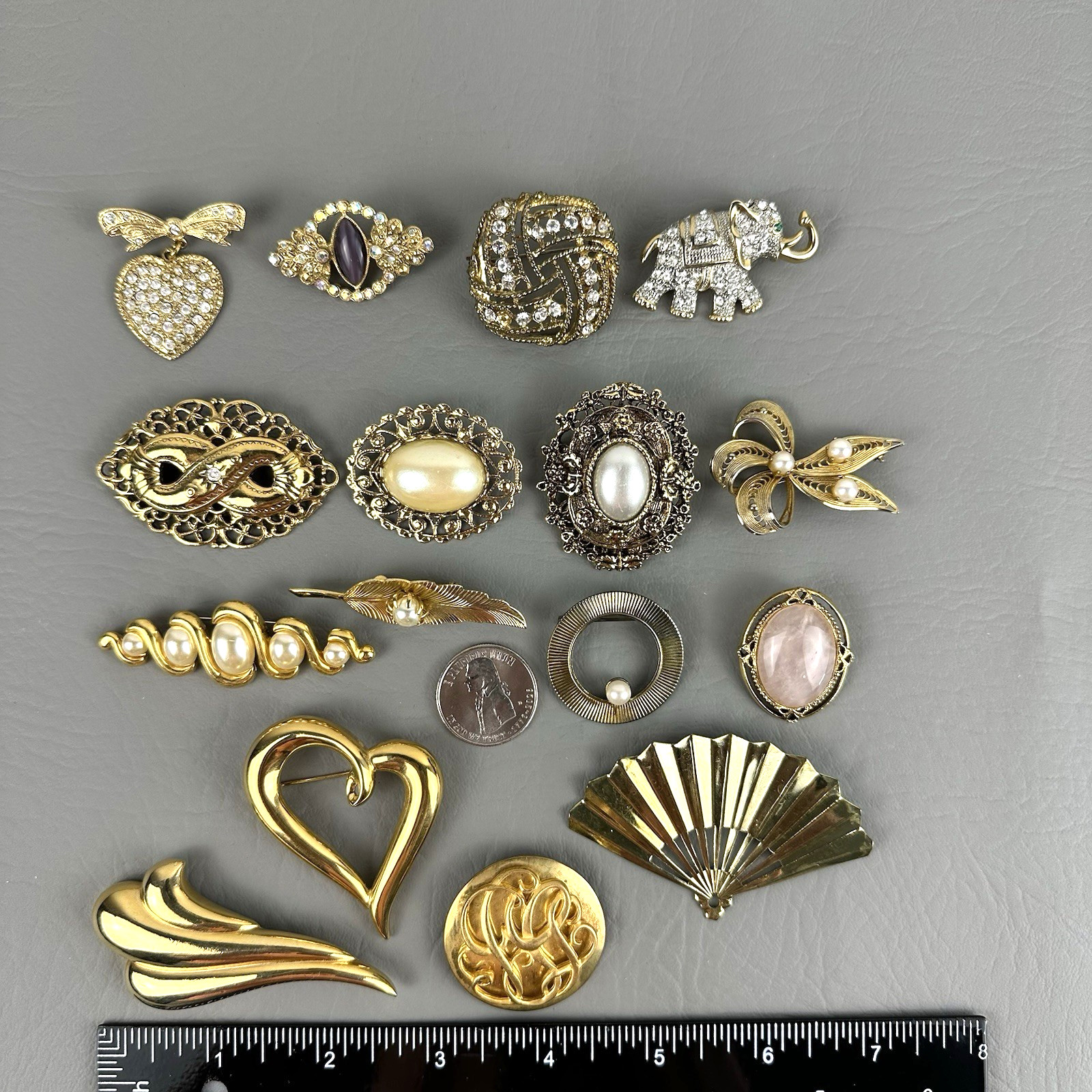 Vintage Brooch Lot 15 Gold Tone Rhinestone Faux Pearl Heart Elephant Floral