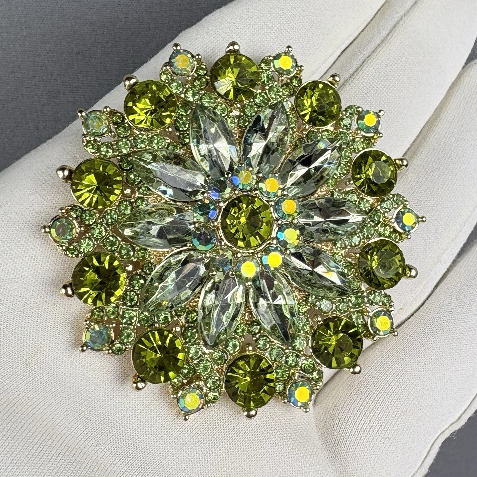 Vintage Inspired Lime Green Rhinestone Pin Brooch Large Round