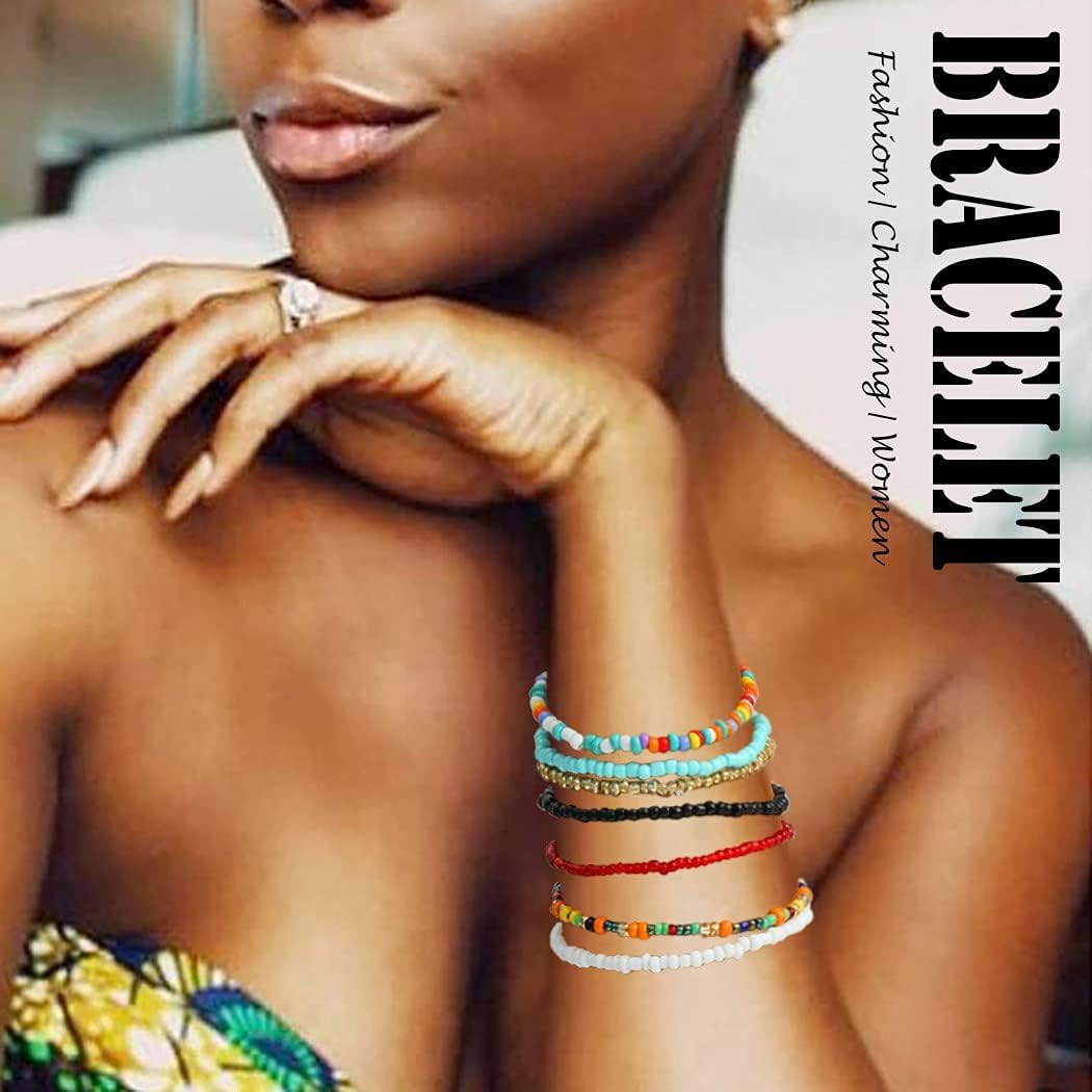 Boho Handmade Beaded African Anklets Multicolor Women Stretch Seed Beads Rainbow