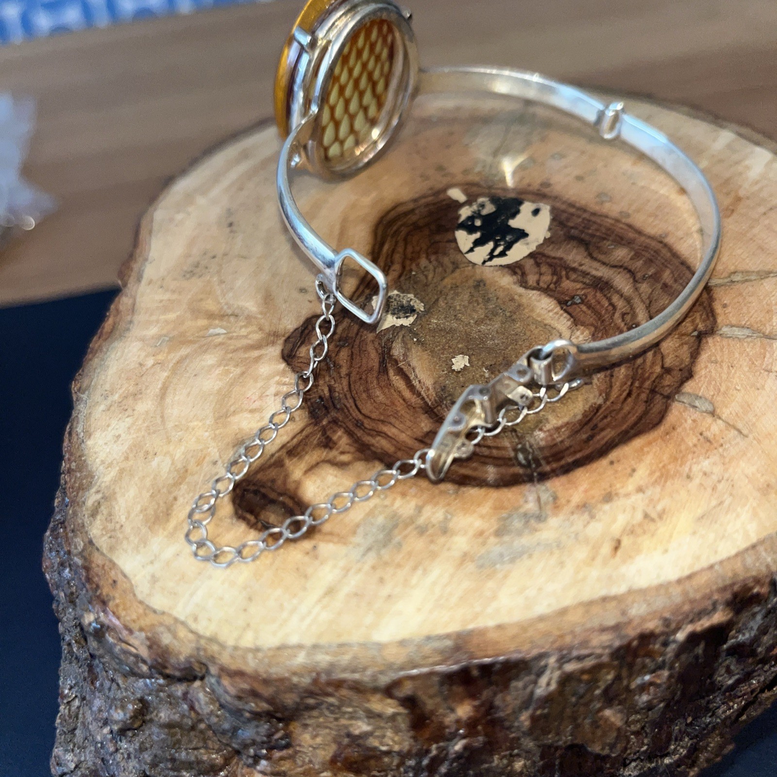 Sterling Silver 925 & Baltic Amber Reverse Carved Bangle – Stamped – Beautiful