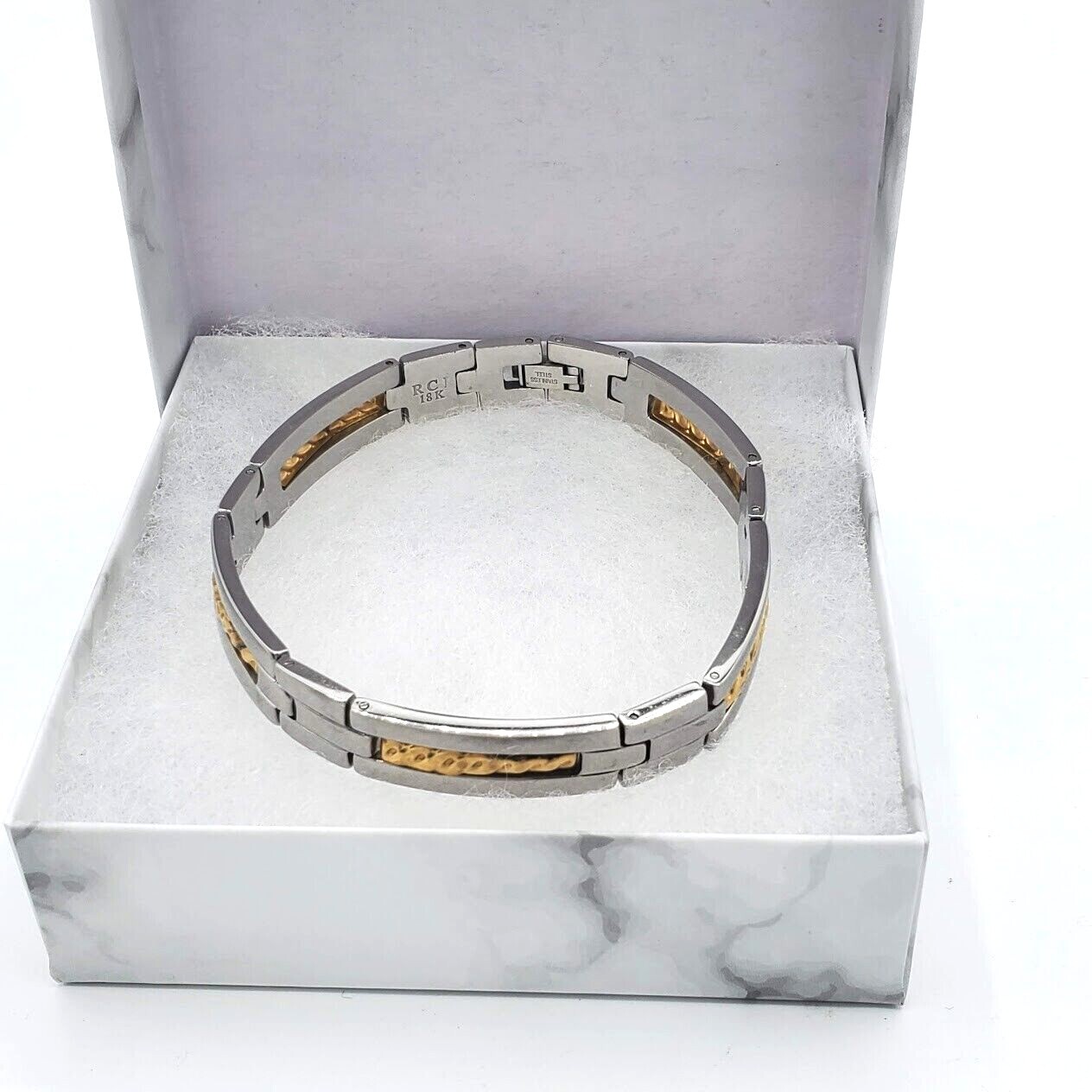 RCI Bracelet 18 KT Stamped Gold Stainless Steel Mens Unisex Box Link 8.5 in