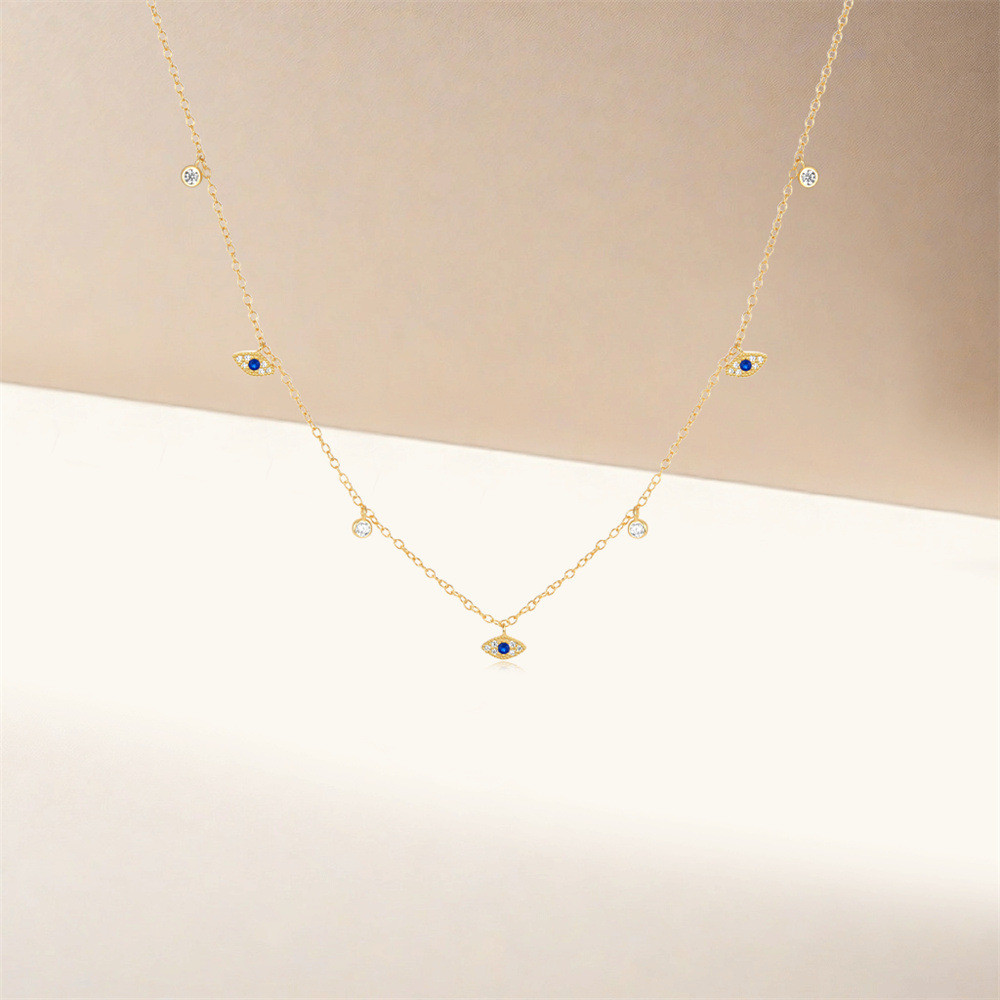 Gold Plated 925 Sterling Silver Blue CZ Evil Eye Station Necklace for Women