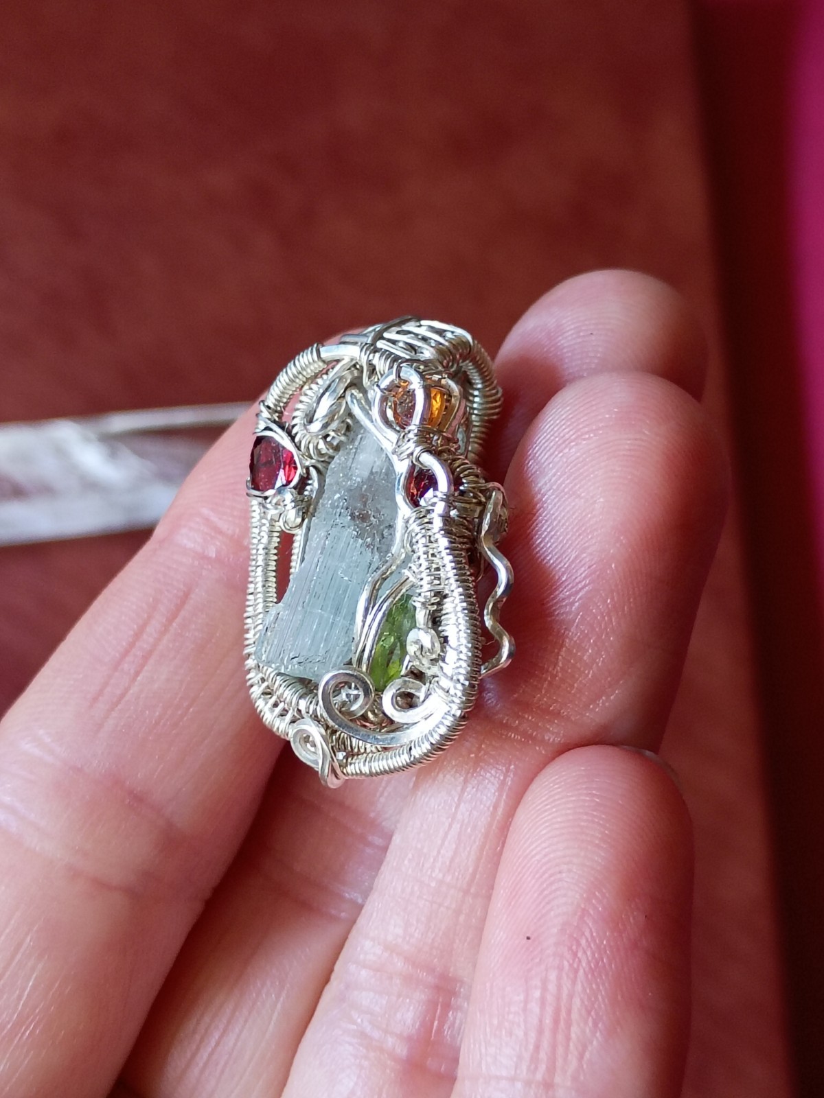 Handcrafted Wire Wrapped Aquamarine Crystal Sterling Silver Amulet Pendant