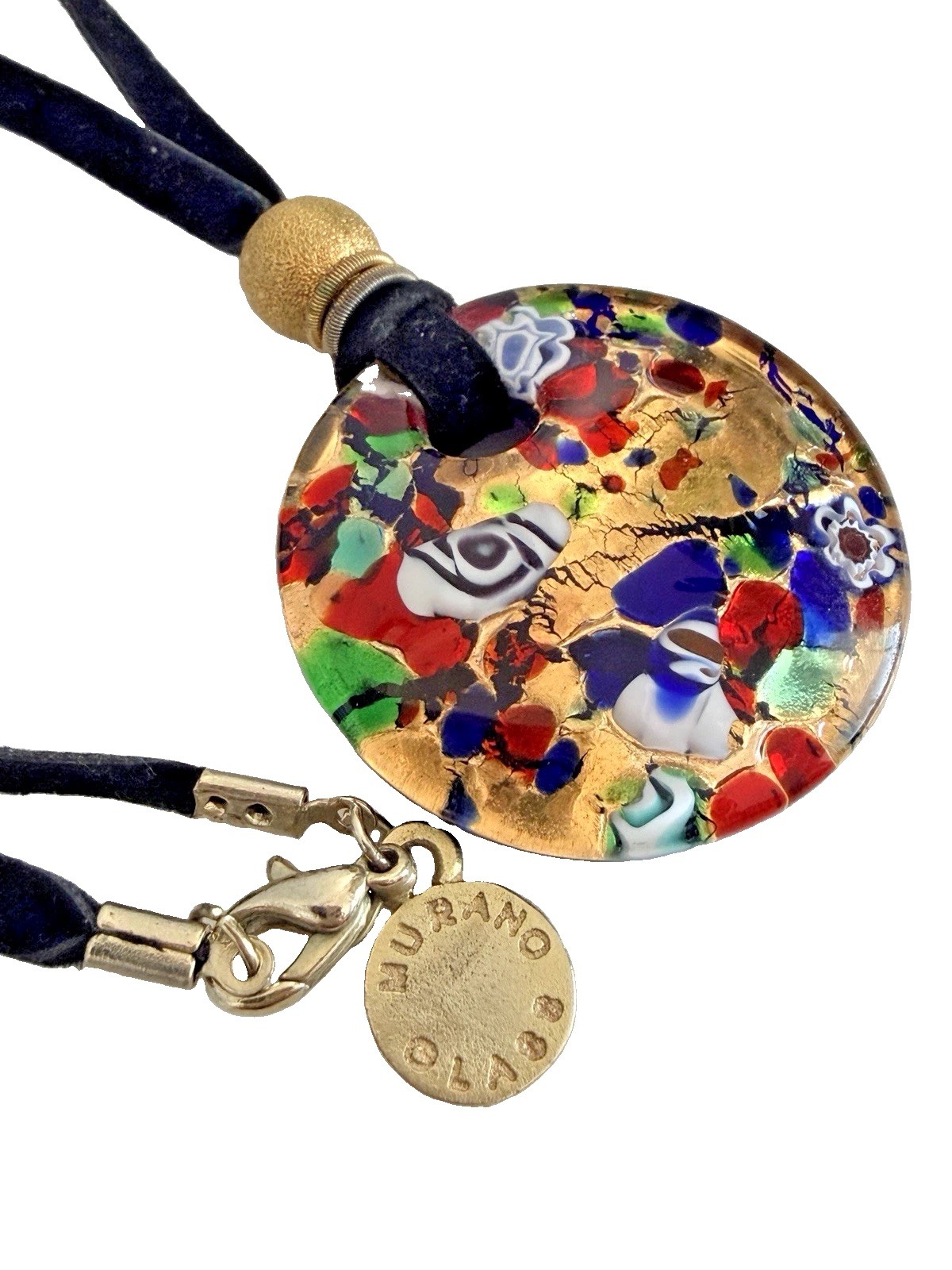 Vintage Italy Vetro Di Murano Black Cord Multi-Color Glass Pendant Necklace 16″