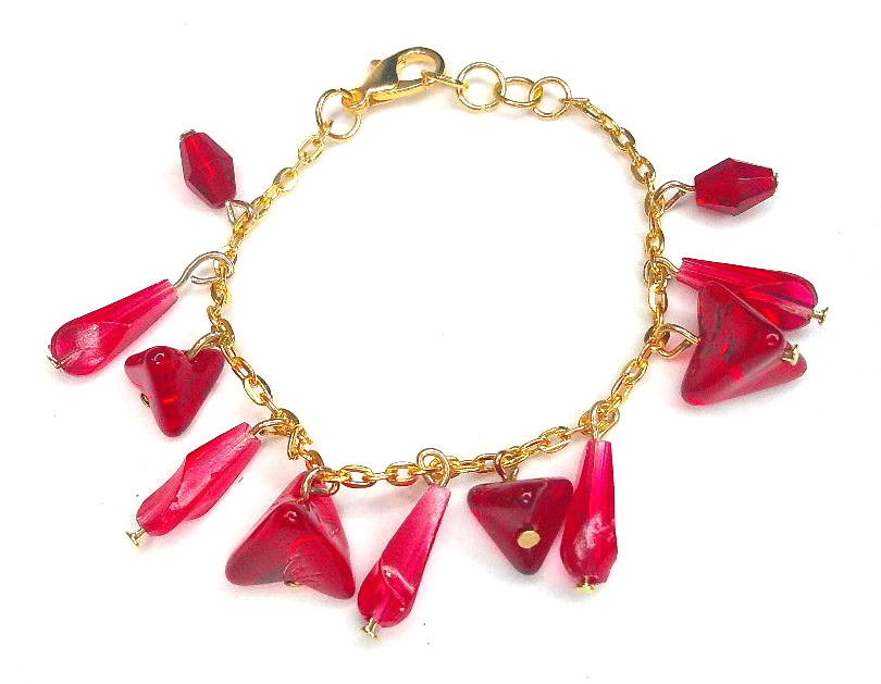 Gold and Red Bracelet 5.5 in Unique Glass Bead Charm Petite or Child