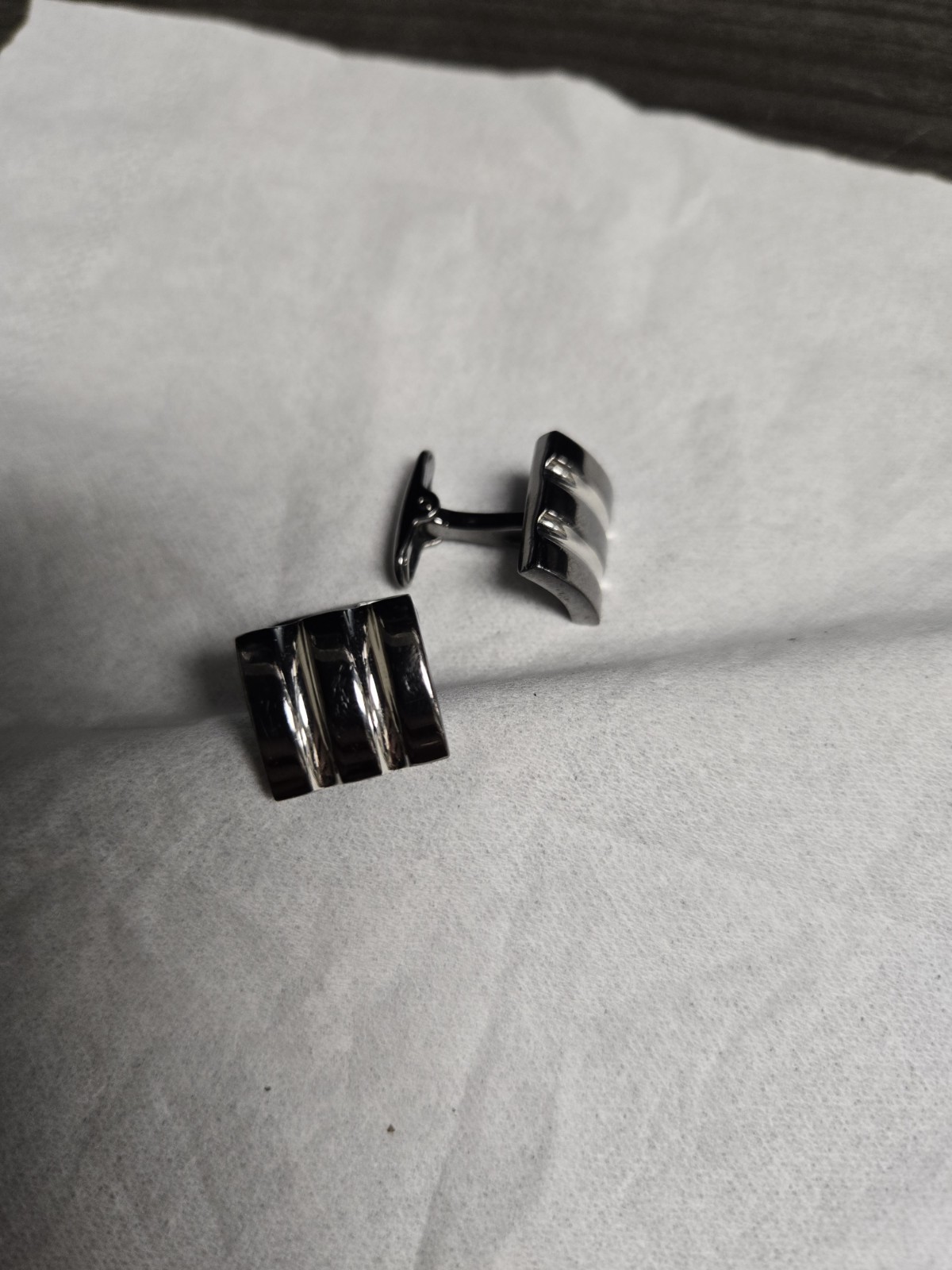Men’s Rectangle Silver Tone & Black Metal Cufflinks, No Stone Pair