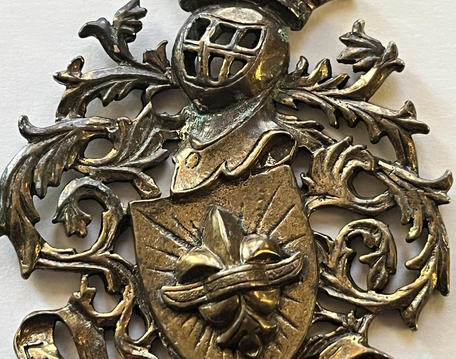 Vintage Coat of Arms Crown Fleur de Lis Shield Pendant Brass/Bronze with Patina