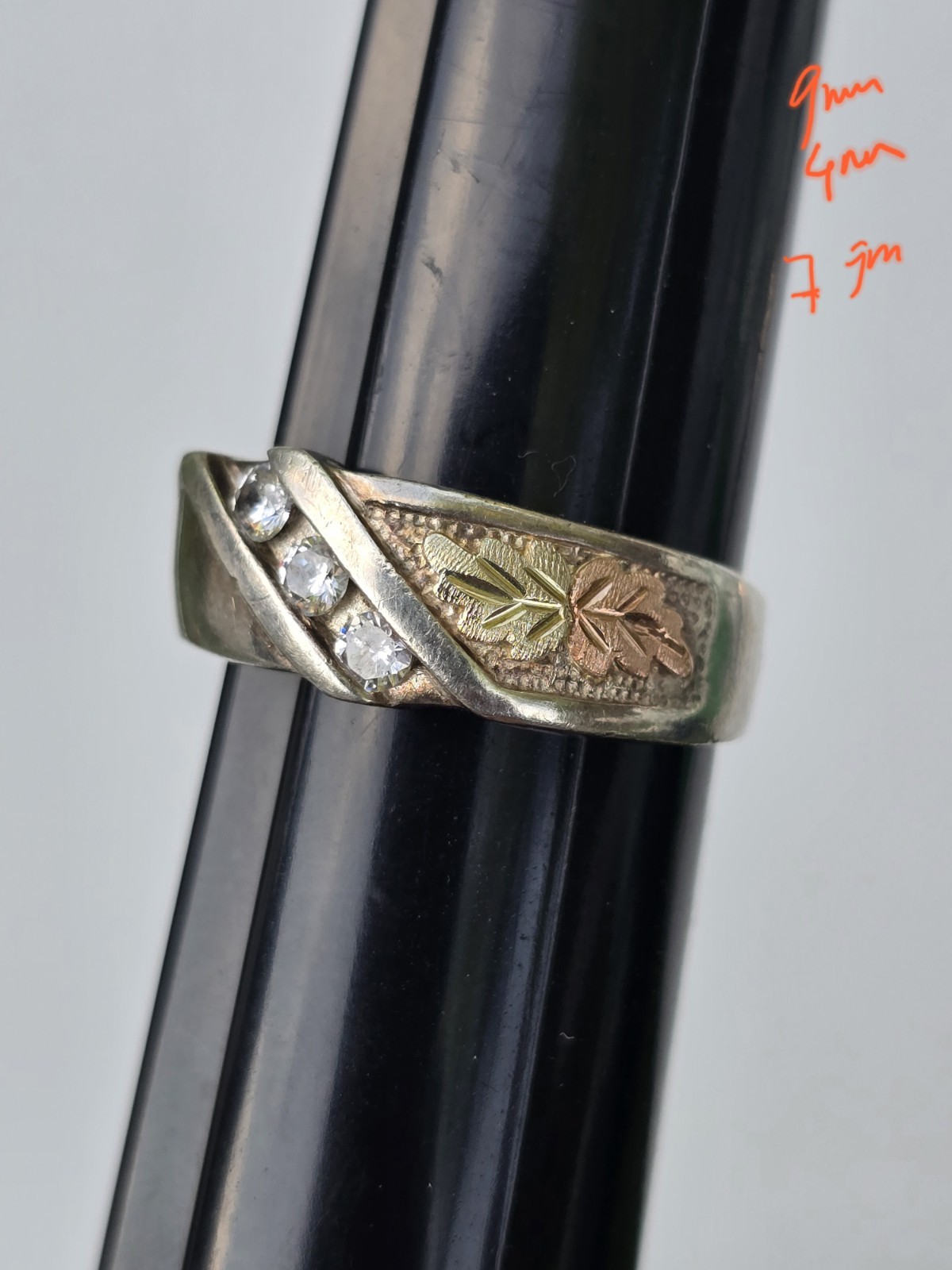 Black HILLS Sterling Silver 1OK GOLD Ring Size 11 w/ 3 Gemstone – 9mm x 4mm 7gms
