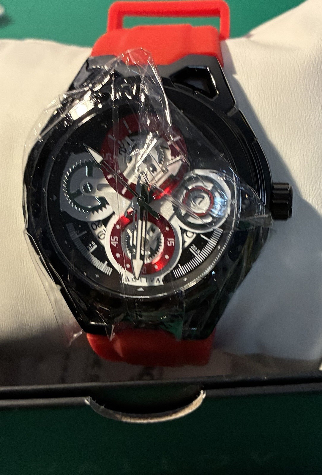 Activa Unisex Quartz Analog Watch 45mm Black Case Red Rubber Strap Date 30m