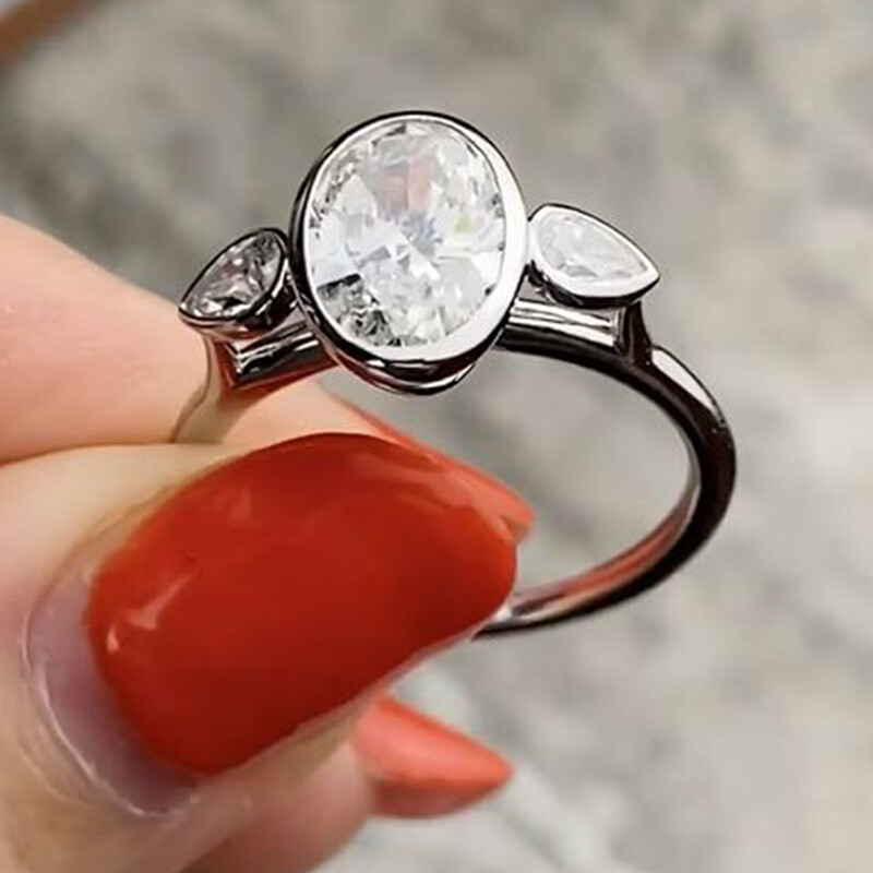 Three Stone 2.4 CTW Oval Moissanite Bezel Set Wedding Ring 14kwhite gold Plated
