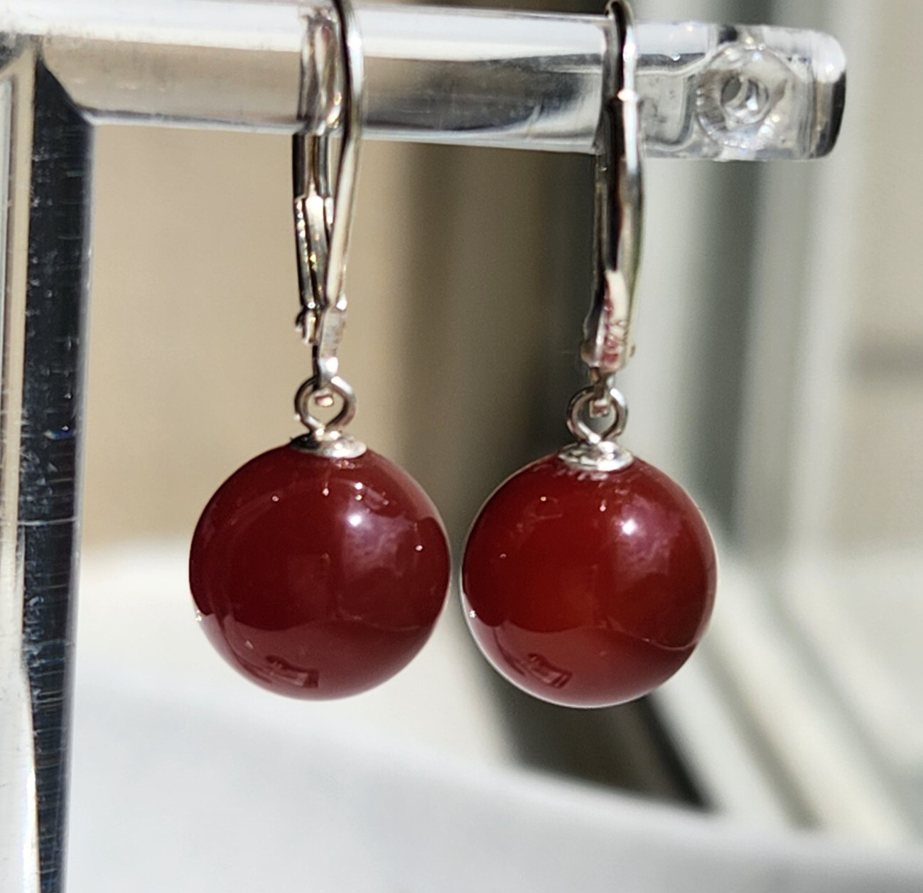 TEAR DROP Round 10.6mm Natural CARNELIAN LEVER BACK 1” EARRINGS 925 Silver