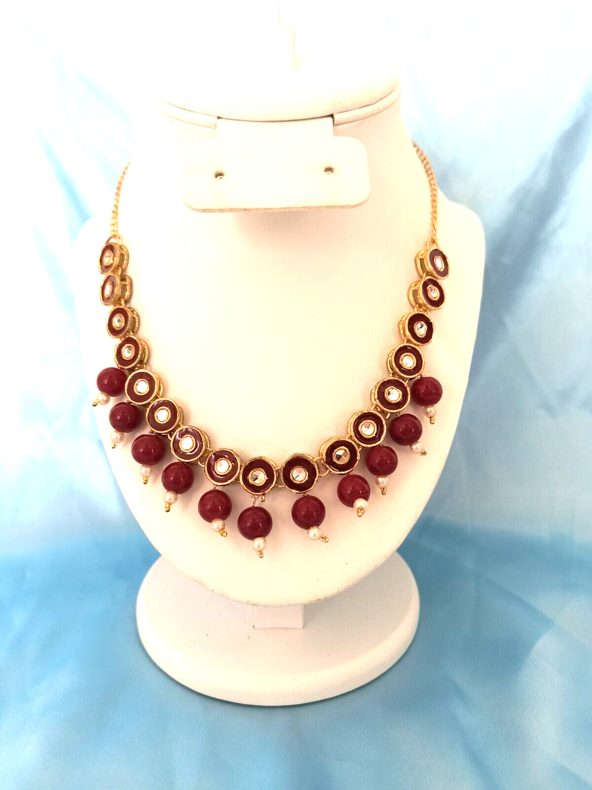 Women’s Statement Necklace Red Gold White Clear Colors with Gold Tone Chain