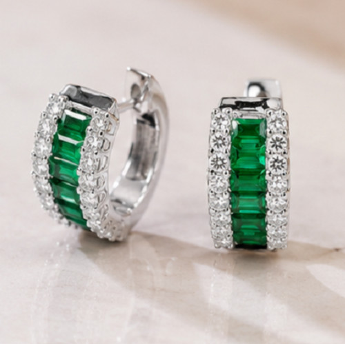 2ct Baguette Simulated Green Emerald/Diamond Hoop Earrings 14k White Gold Plated