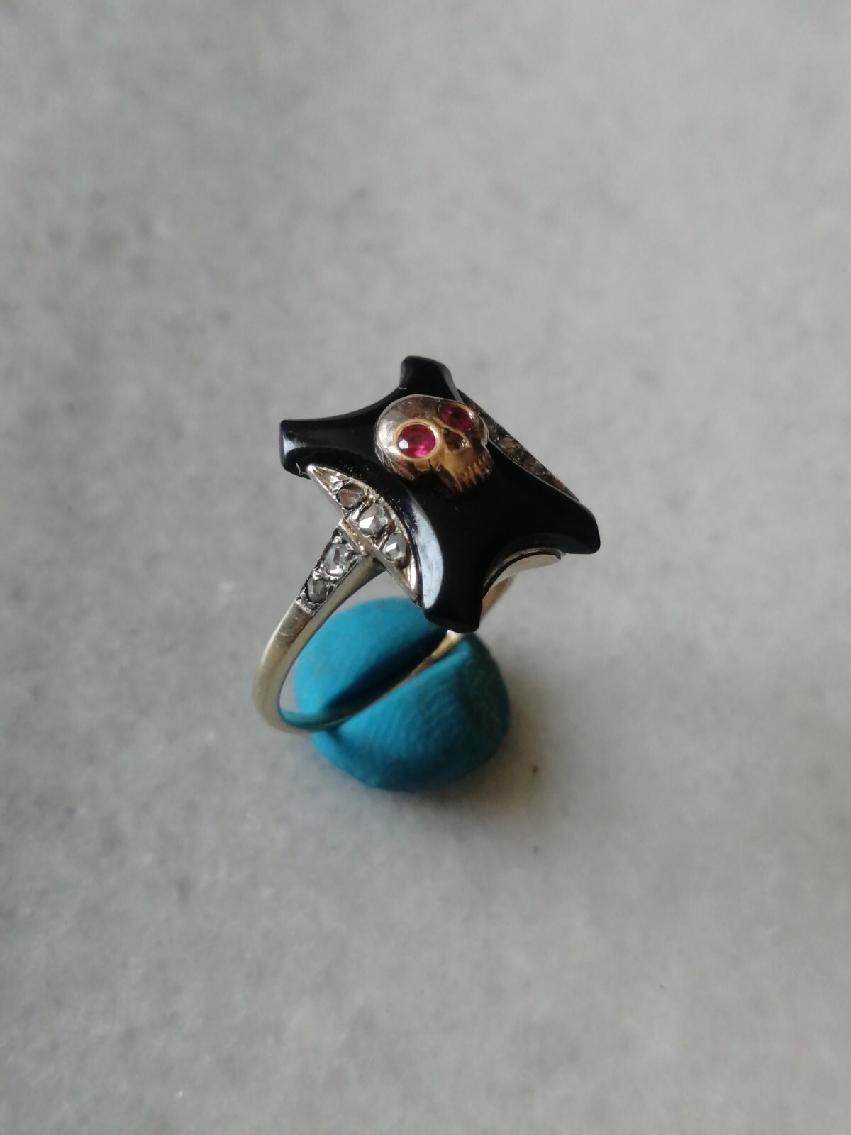 Antique Rare Memento Mori 14kt Yellow Gold, Diamonds,Rubies Stone Ring