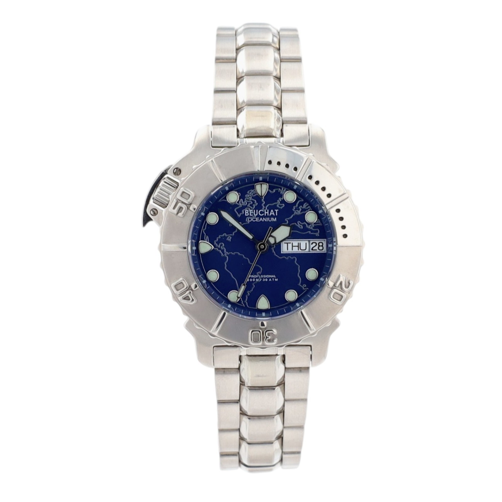 Beuchat Oceanium Ladies Watch 300M Diver Blue World Map Dial Swiss Steel Date