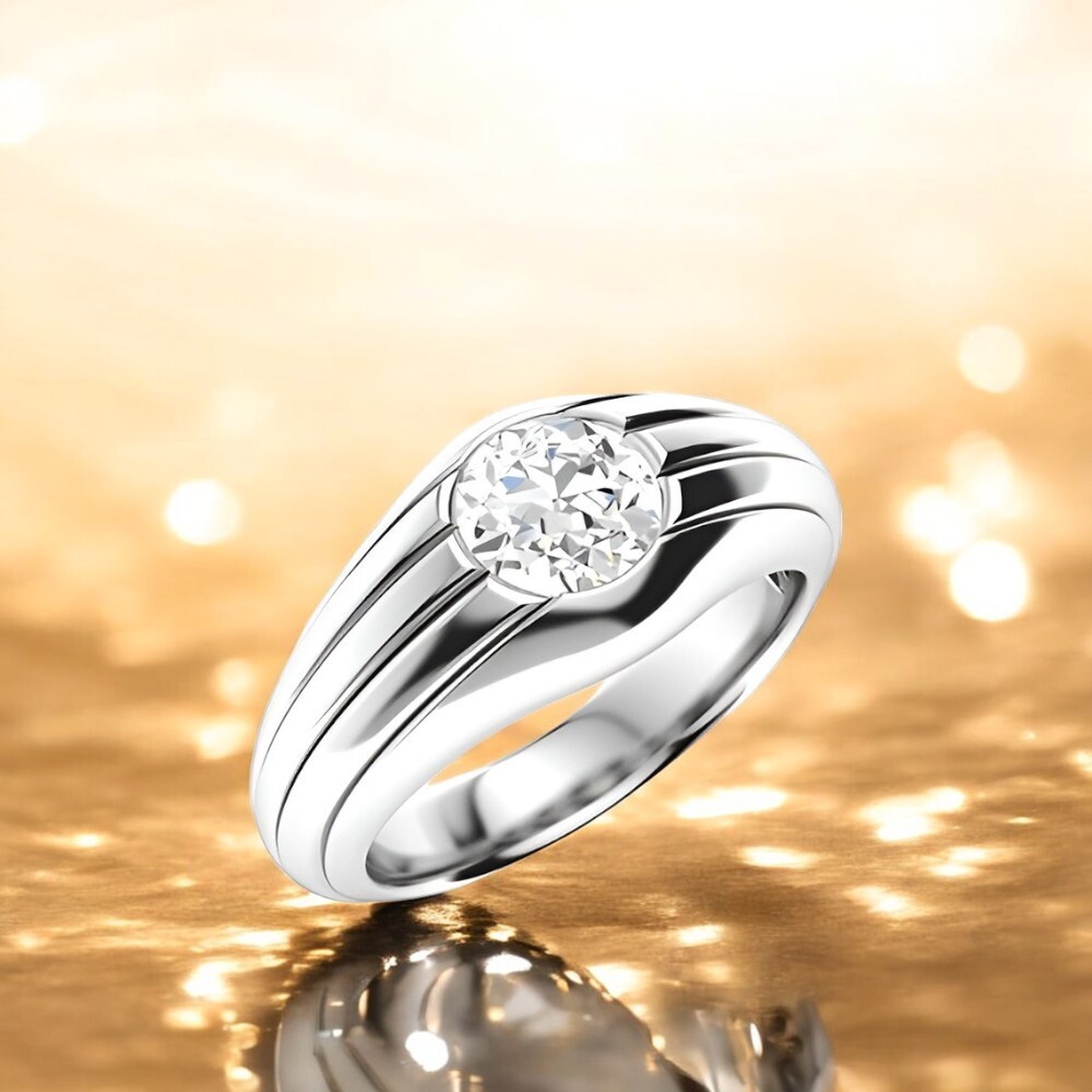 Gold Ring Diamond 14K Round Lab Grown Mens White Band IGI 8MM 1 Carat
