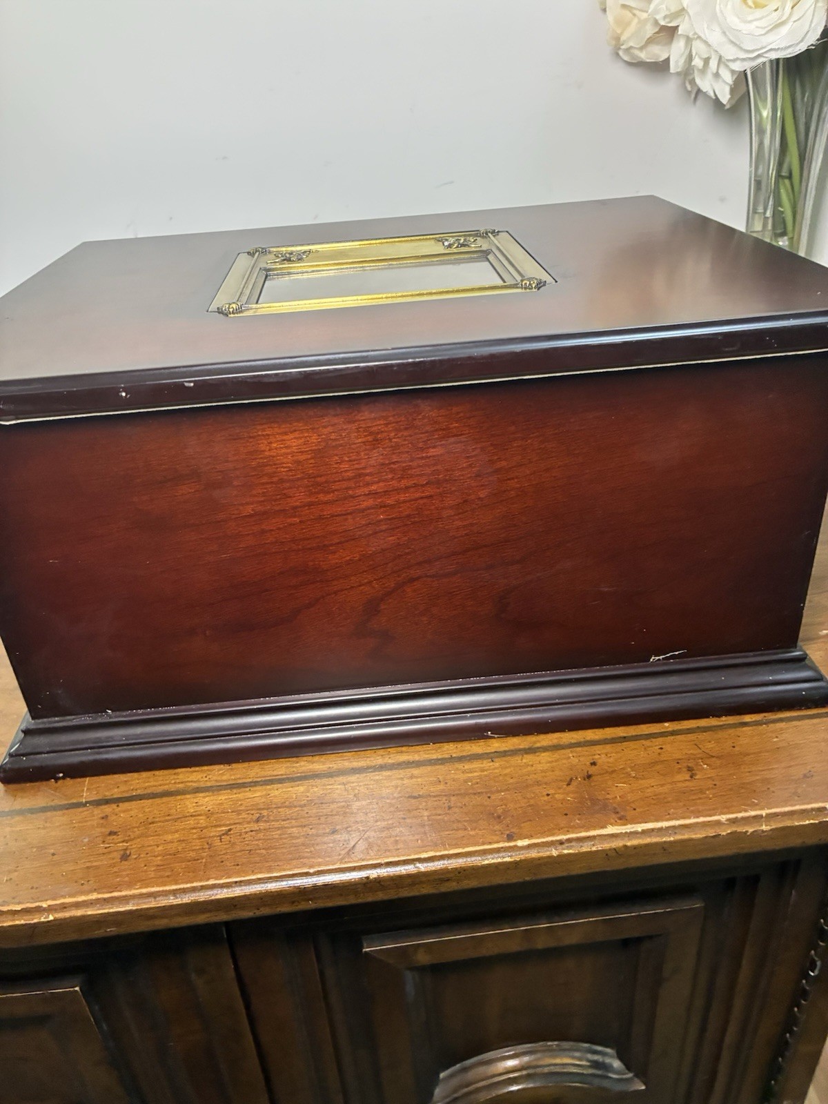 Vintage Bombay Co Large Mahogany Wooden Keepsake Jewelry Box Brass Picture Frame