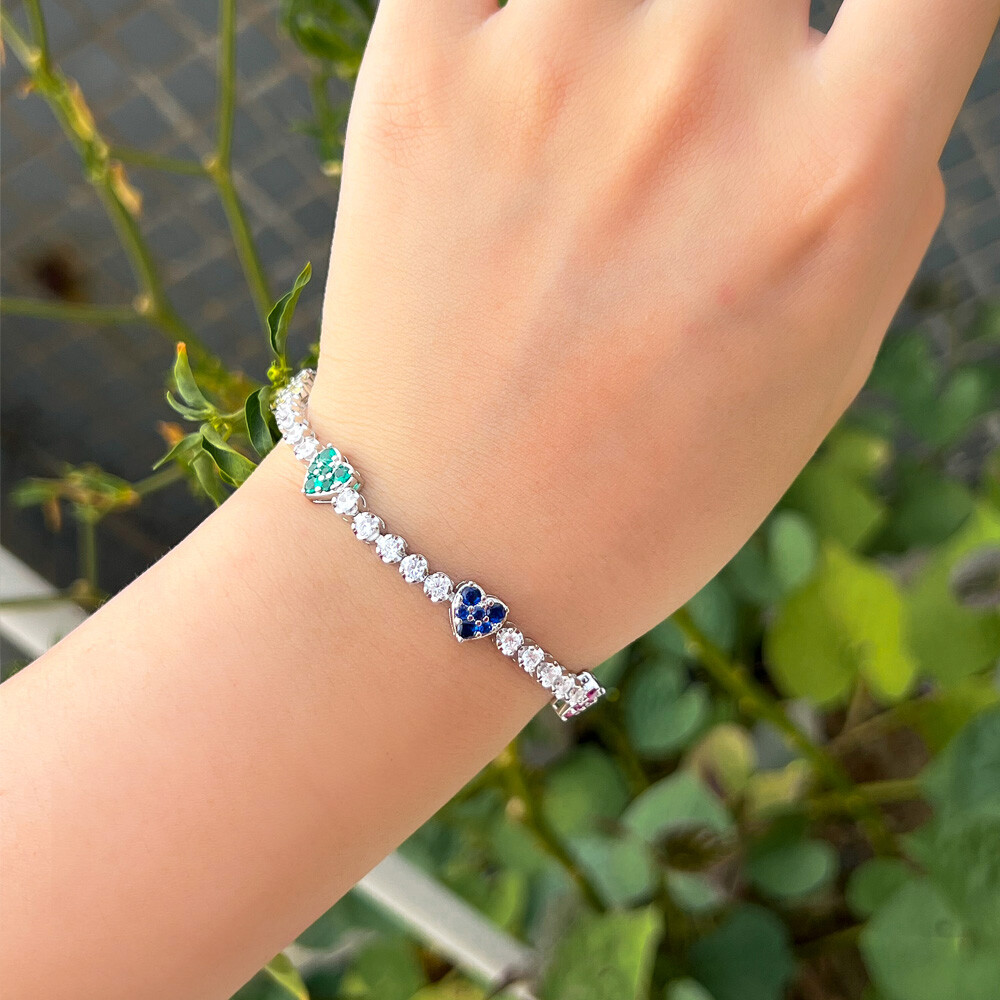 Trendy Silver Plated Round Cubic Zirconia Tennis Heart Bangle Bracelet for Women