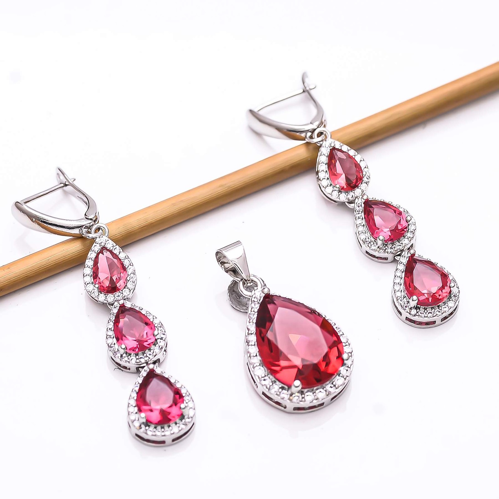 Pink Rubellite Tourmaline & CZ 925 Silver Handmade Pendant Earring Set P25